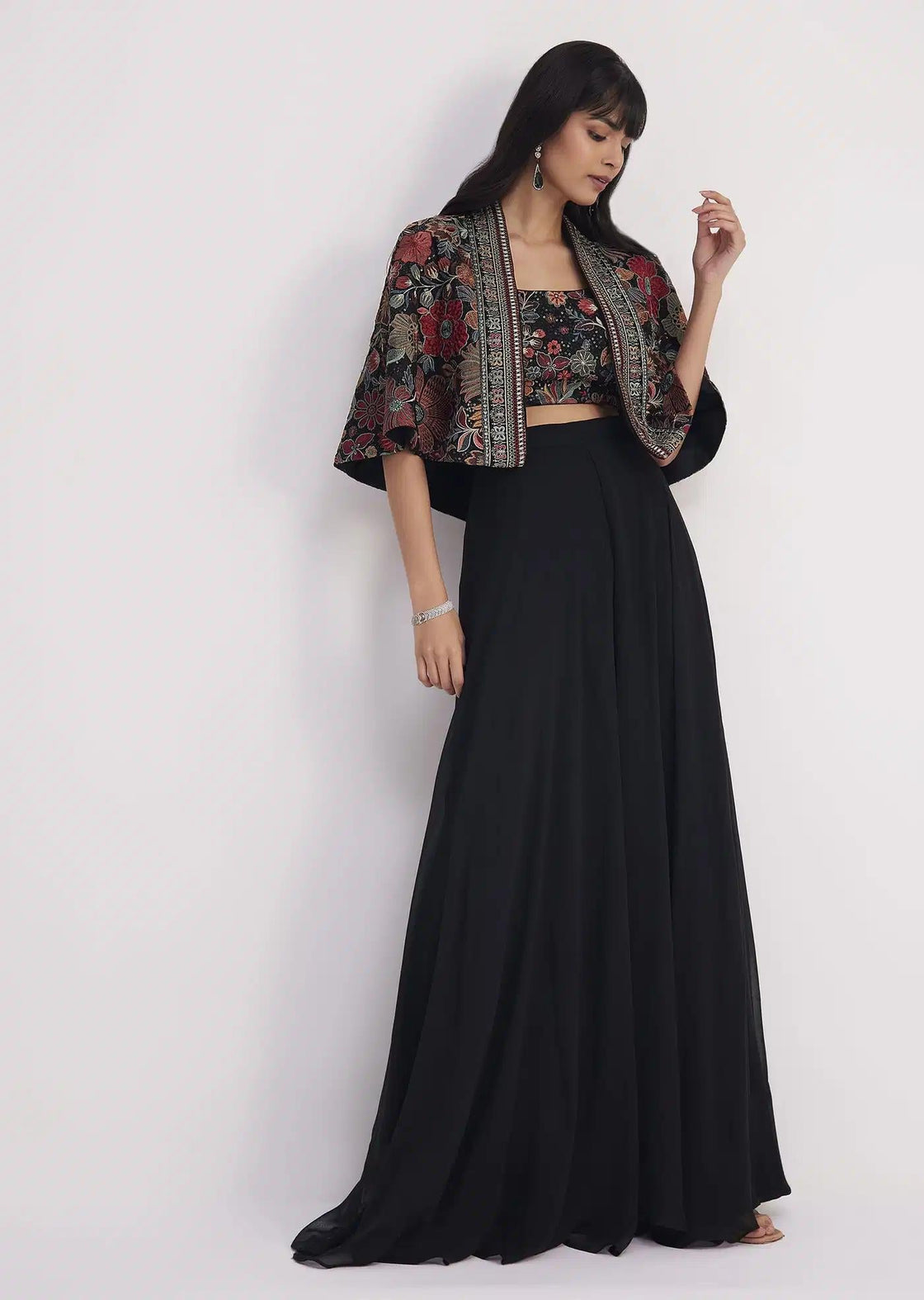 Black Organza Cape With Sequin Embellished Croptop And Palazzo