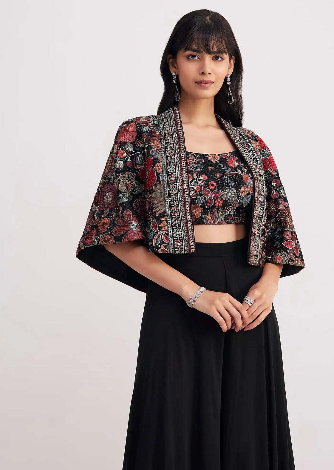 Black Organza Cape With Sequin Embellished Croptop And Palazzo
