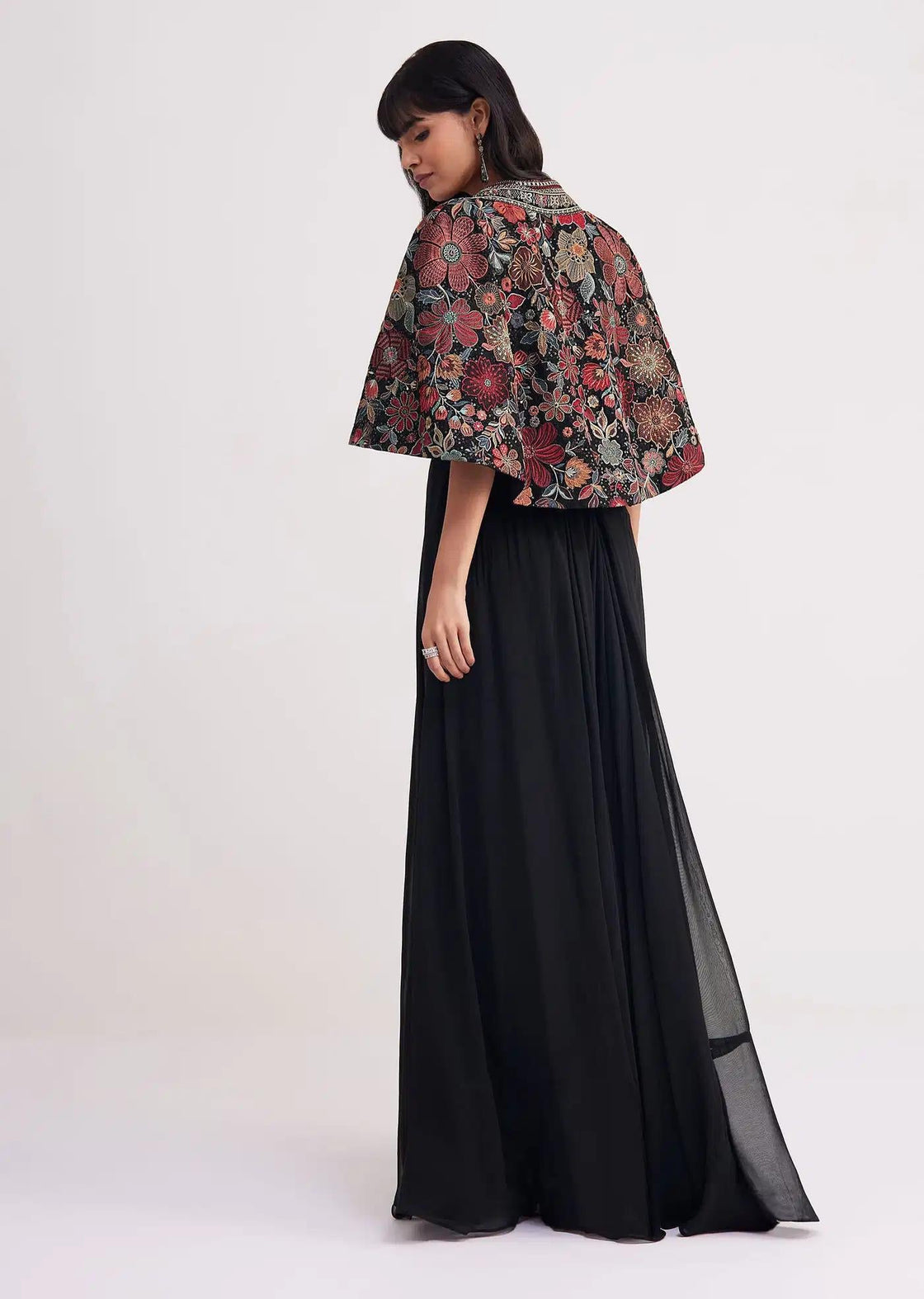 Black Organza Cape With Sequin Embellished Croptop And Palazzo