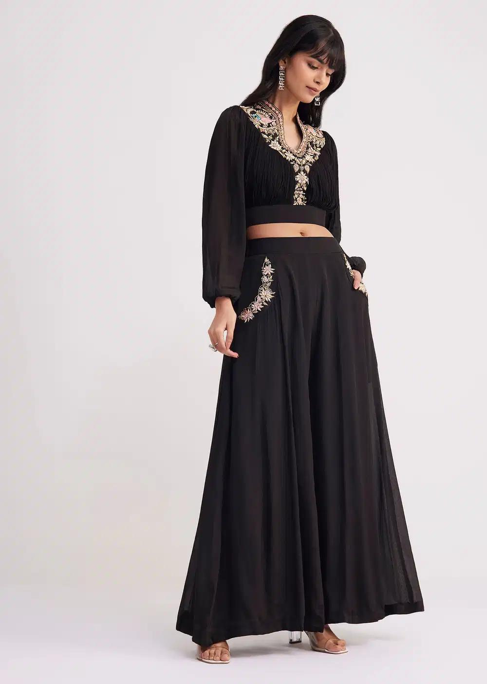 Black Palazzo Co Ord With Embroidered Croptop