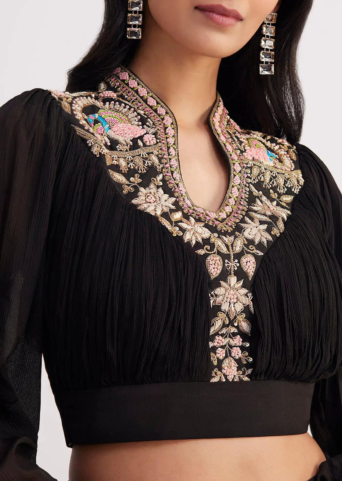 Black Palazzo Co Ord With Embroidered Croptop