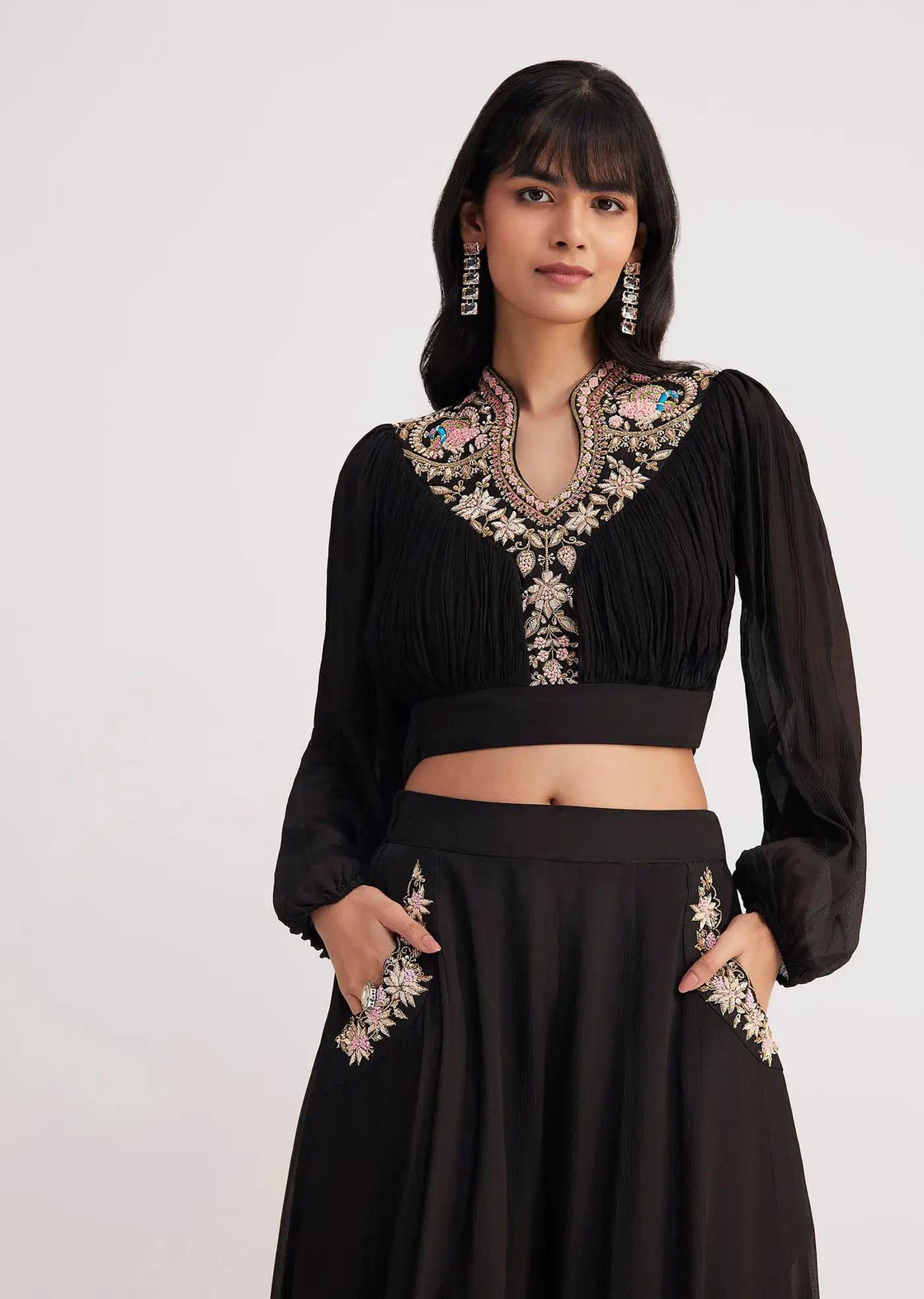 Black Palazzo Co Ord With Embroidered Croptop