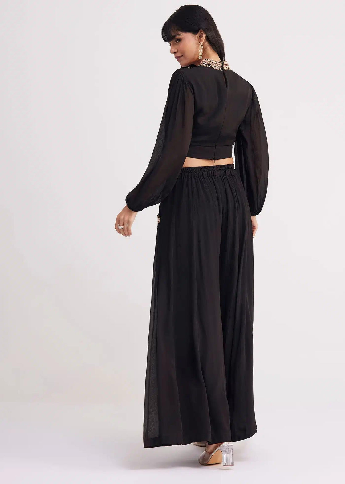 Black Palazzo Co Ord With Embroidered Croptop
