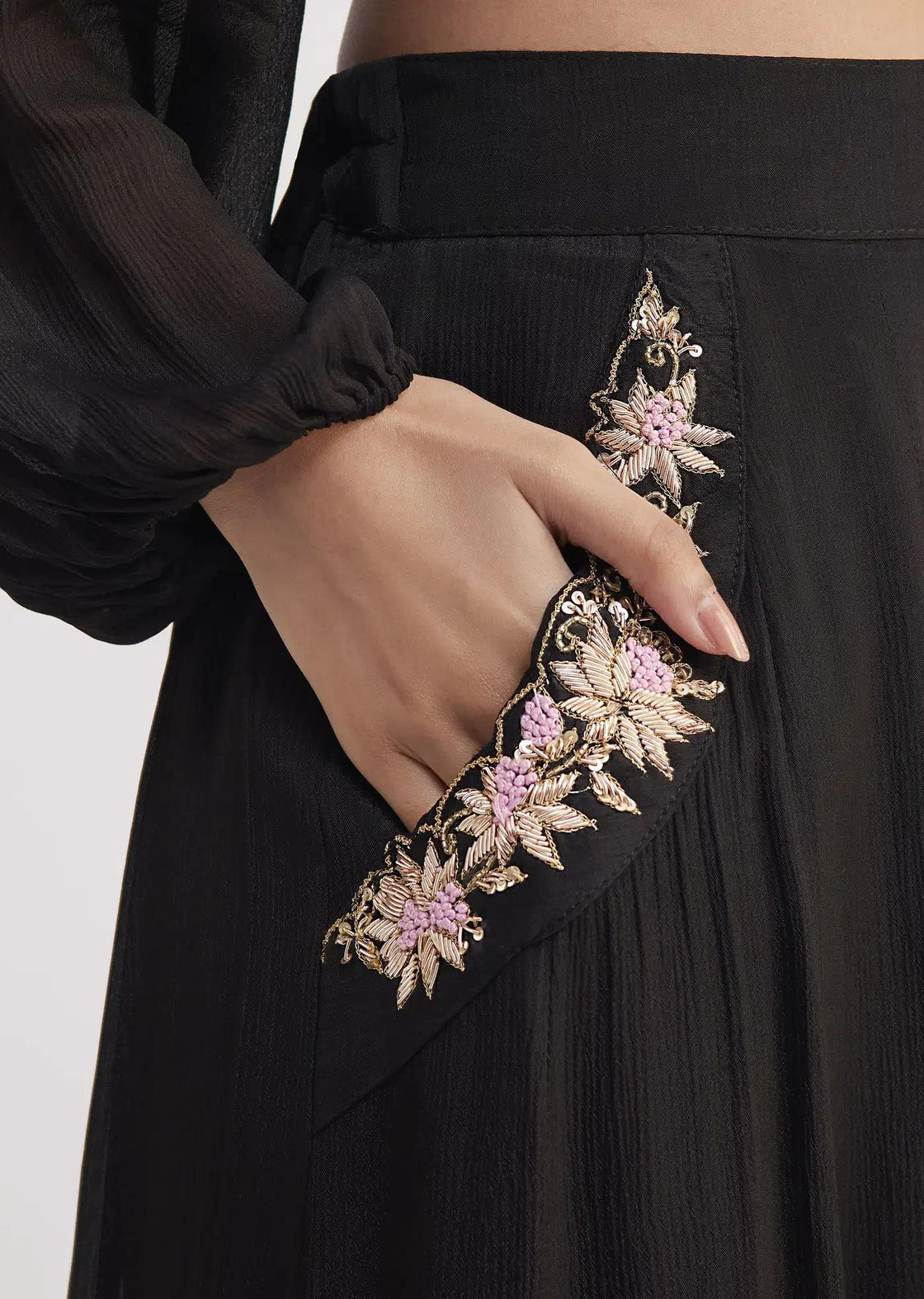 Black Palazzo Co Ord With Embroidered Croptop
