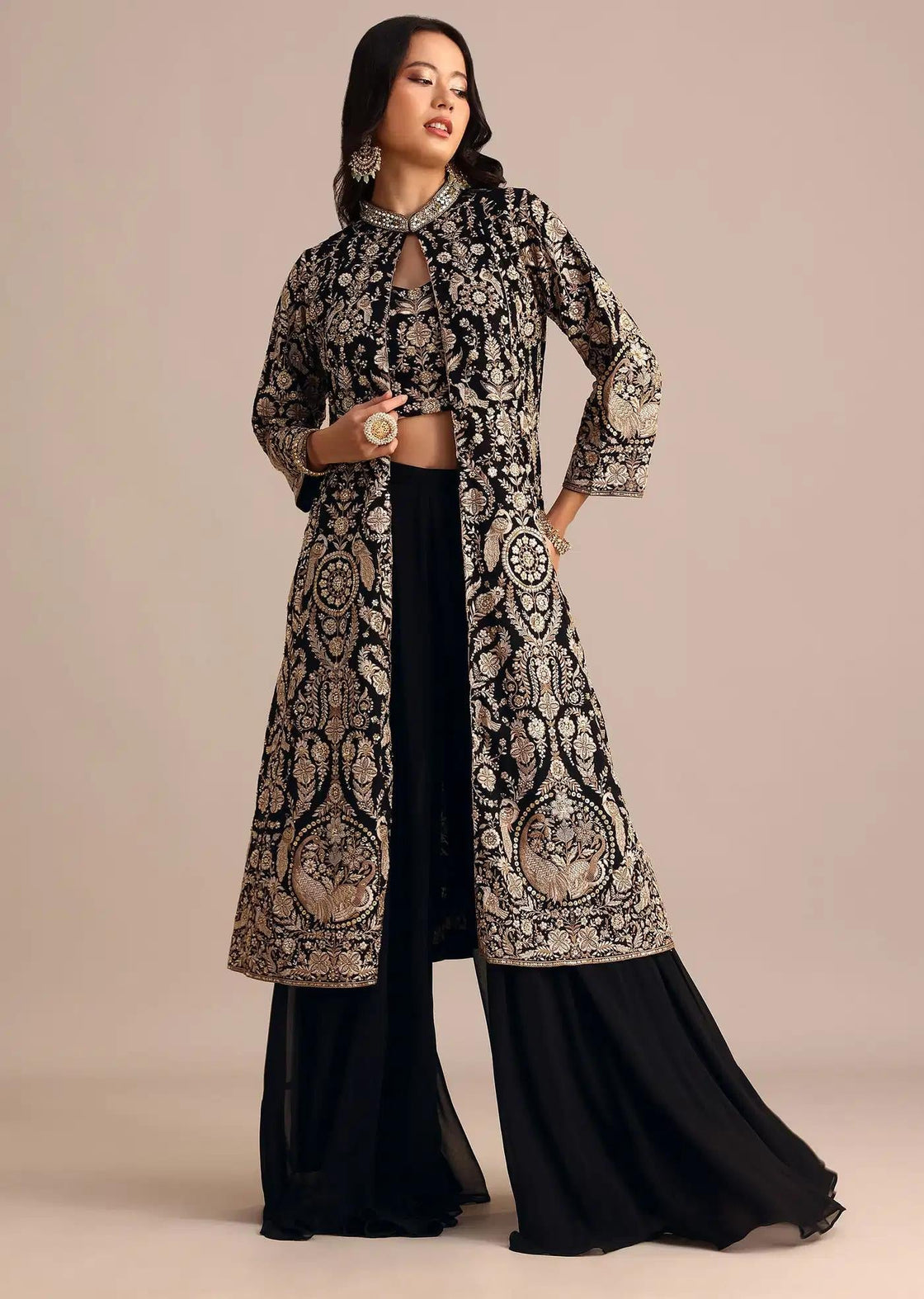 Black Palazzo Suit With Long Georgette Jacket