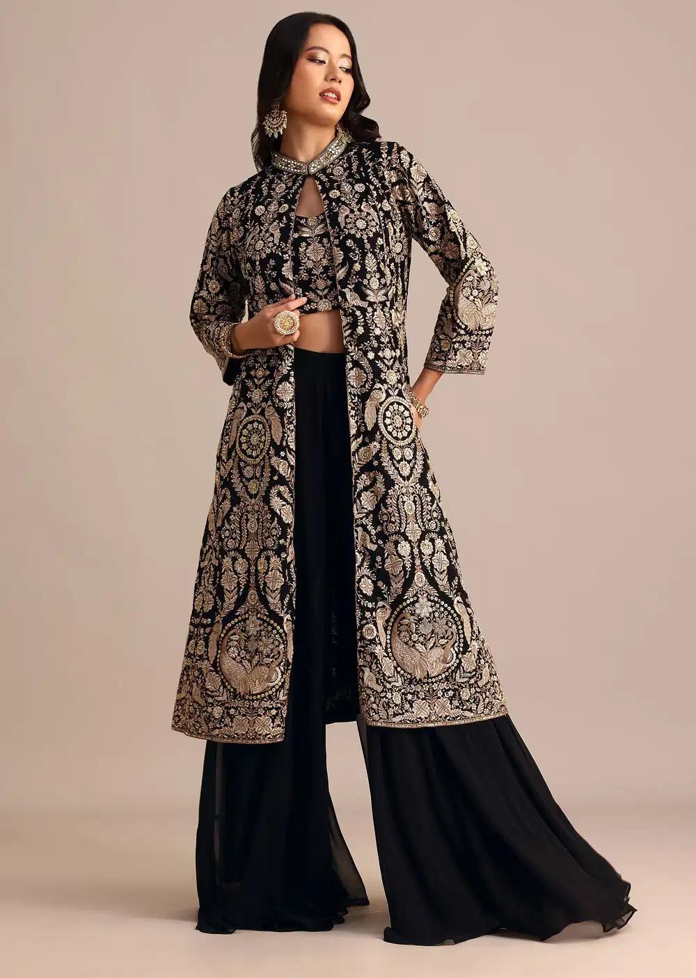 Black Palazzo Suit With Long Georgette Jacket