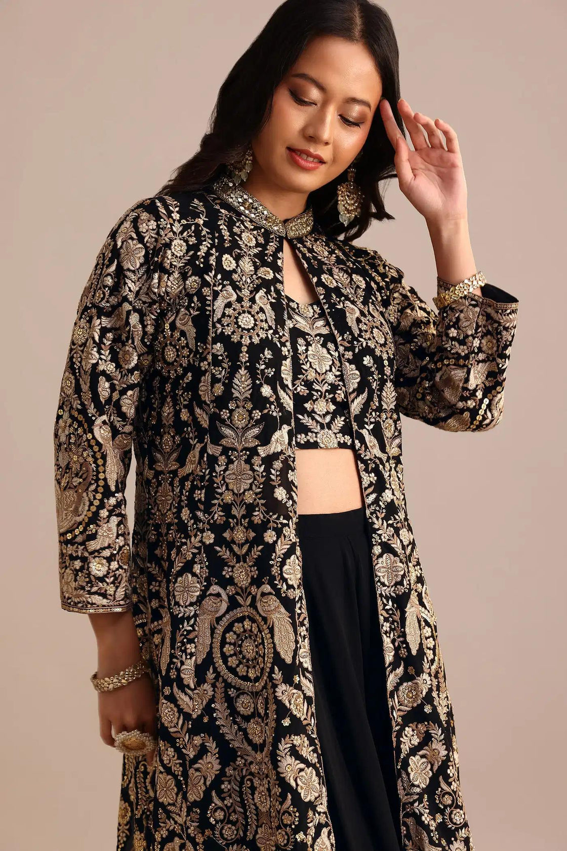 Black Palazzo Suit With Long Georgette Jacket