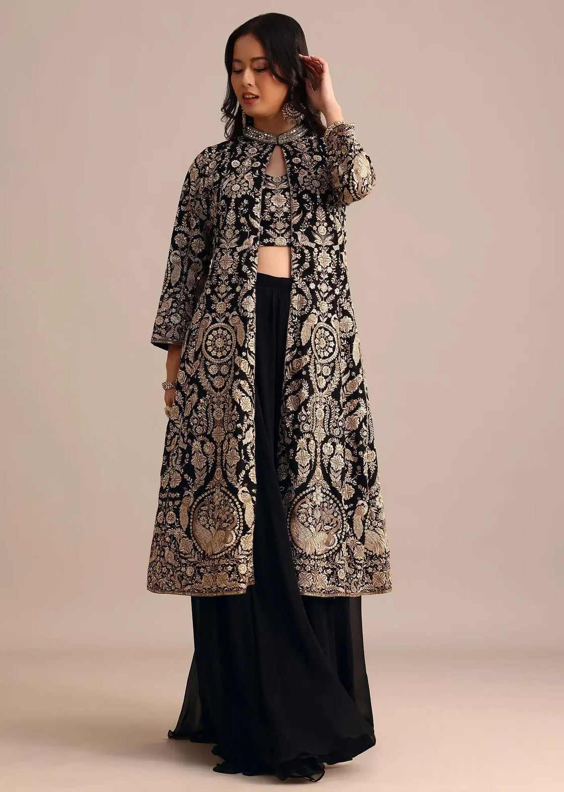 Black Palazzo Suit With Long Georgette Jacket