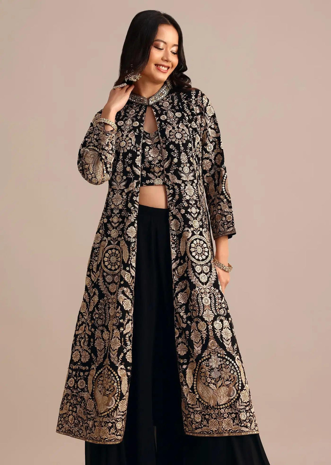 Black Palazzo Suit With Long Georgette Jacket