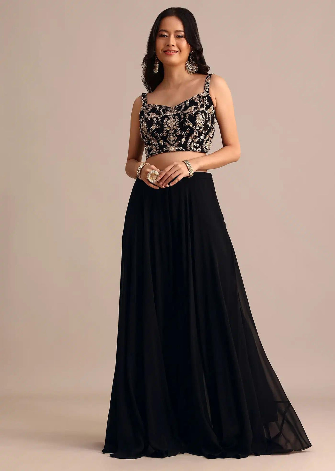 Black Palazzo Suit With Long Georgette Jacket