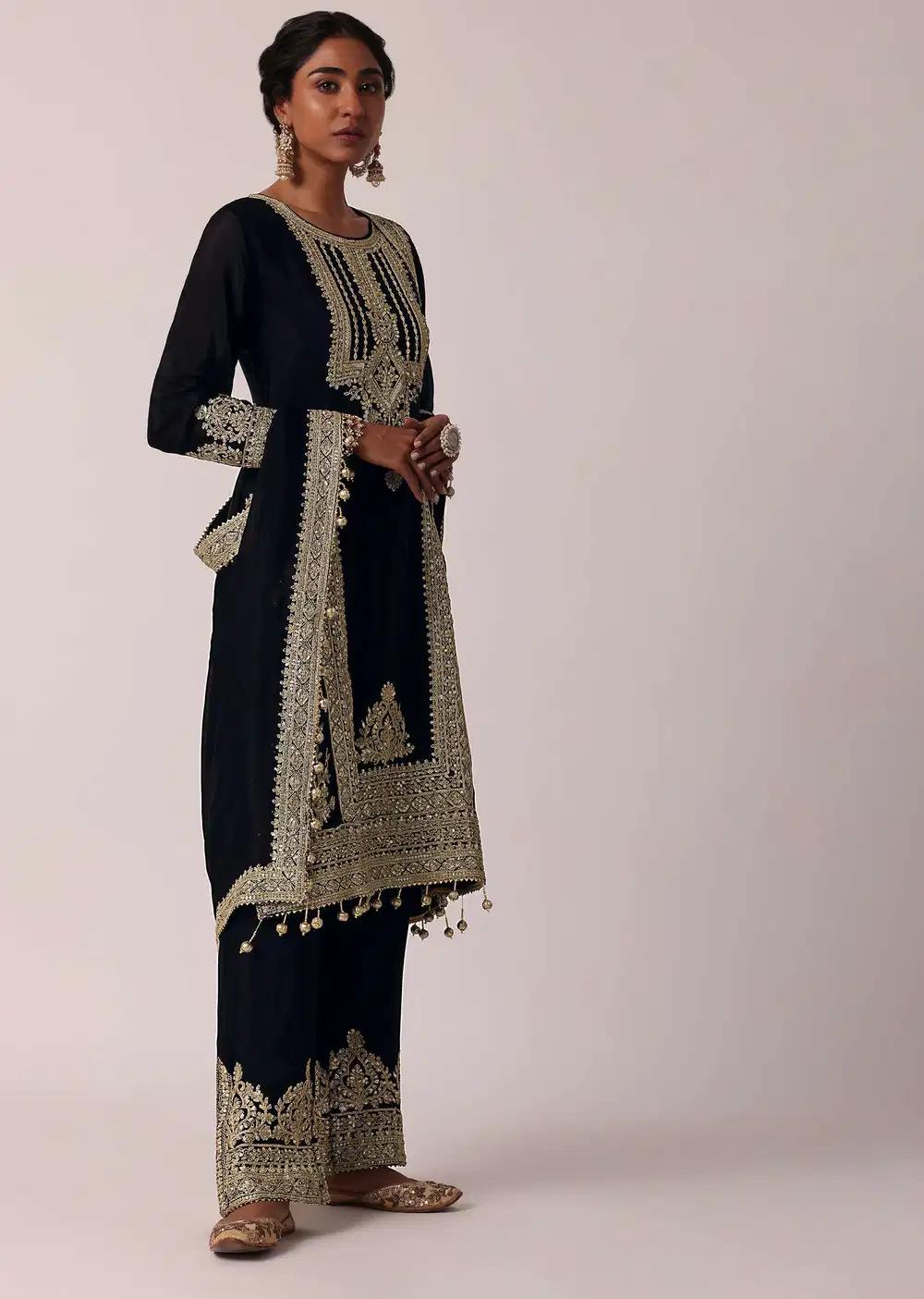 Black Pant Ensemble In Chiffon With Zardozi Work Kurta Outfit