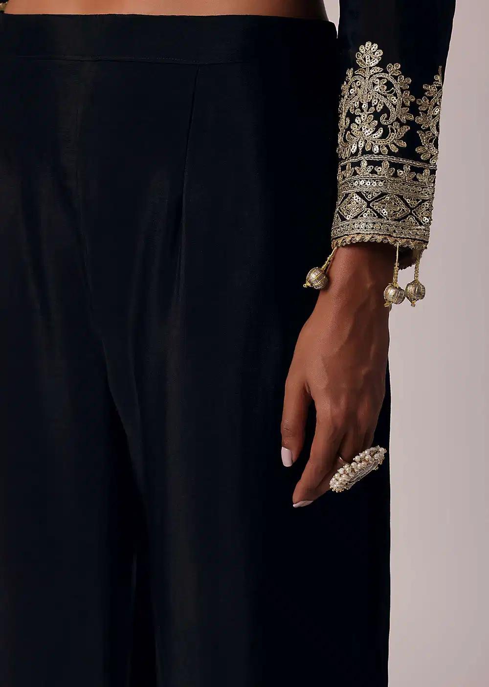 Black Pant Ensemble In Chiffon With Zardozi Work Kurta Outfit