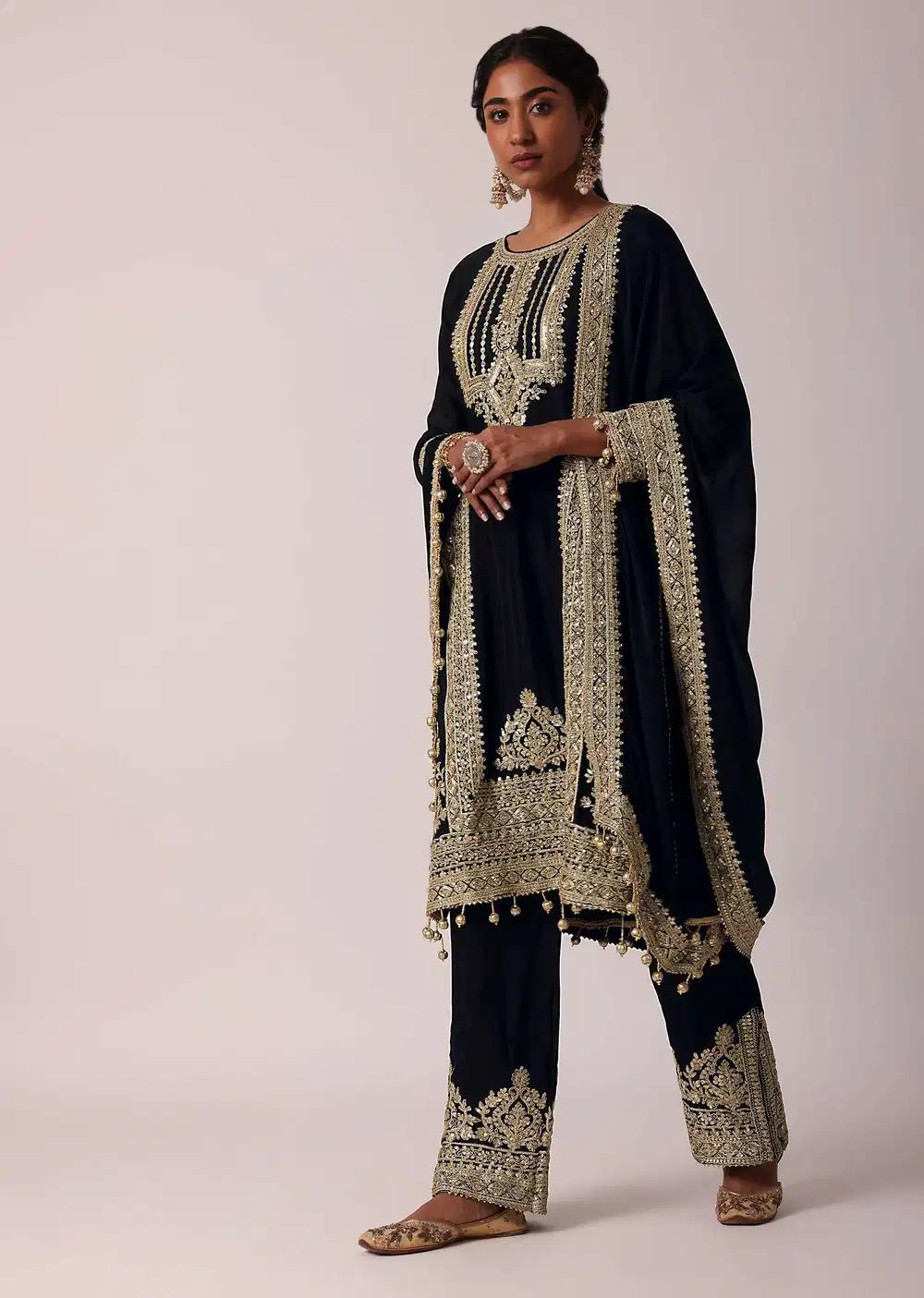 Black Pant Ensemble In Chiffon With Zardozi Work Kurta Outfit