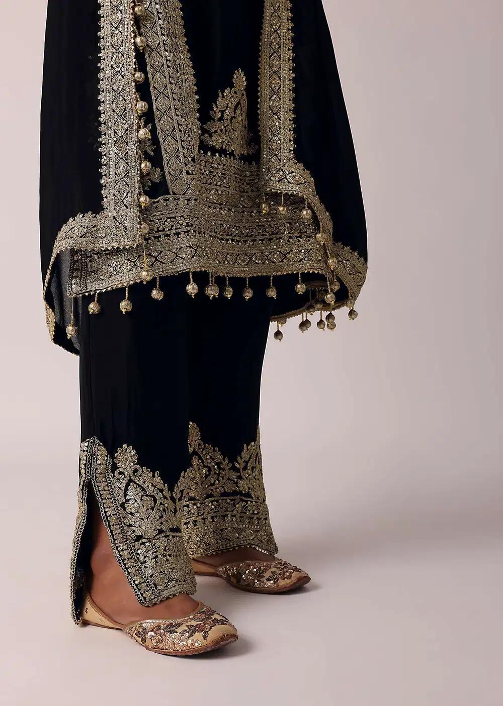 Black Pant Ensemble In Chiffon With Zardozi Work Kurta Outfit