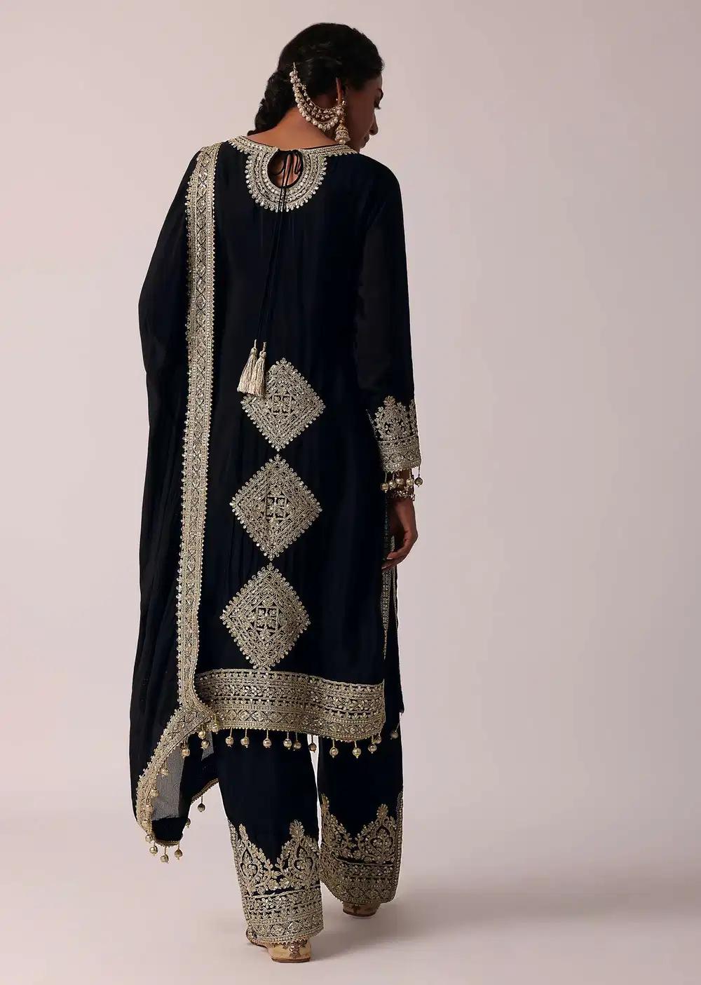Black Pant Ensemble In Chiffon With Zardozi Work Kurta Outfit