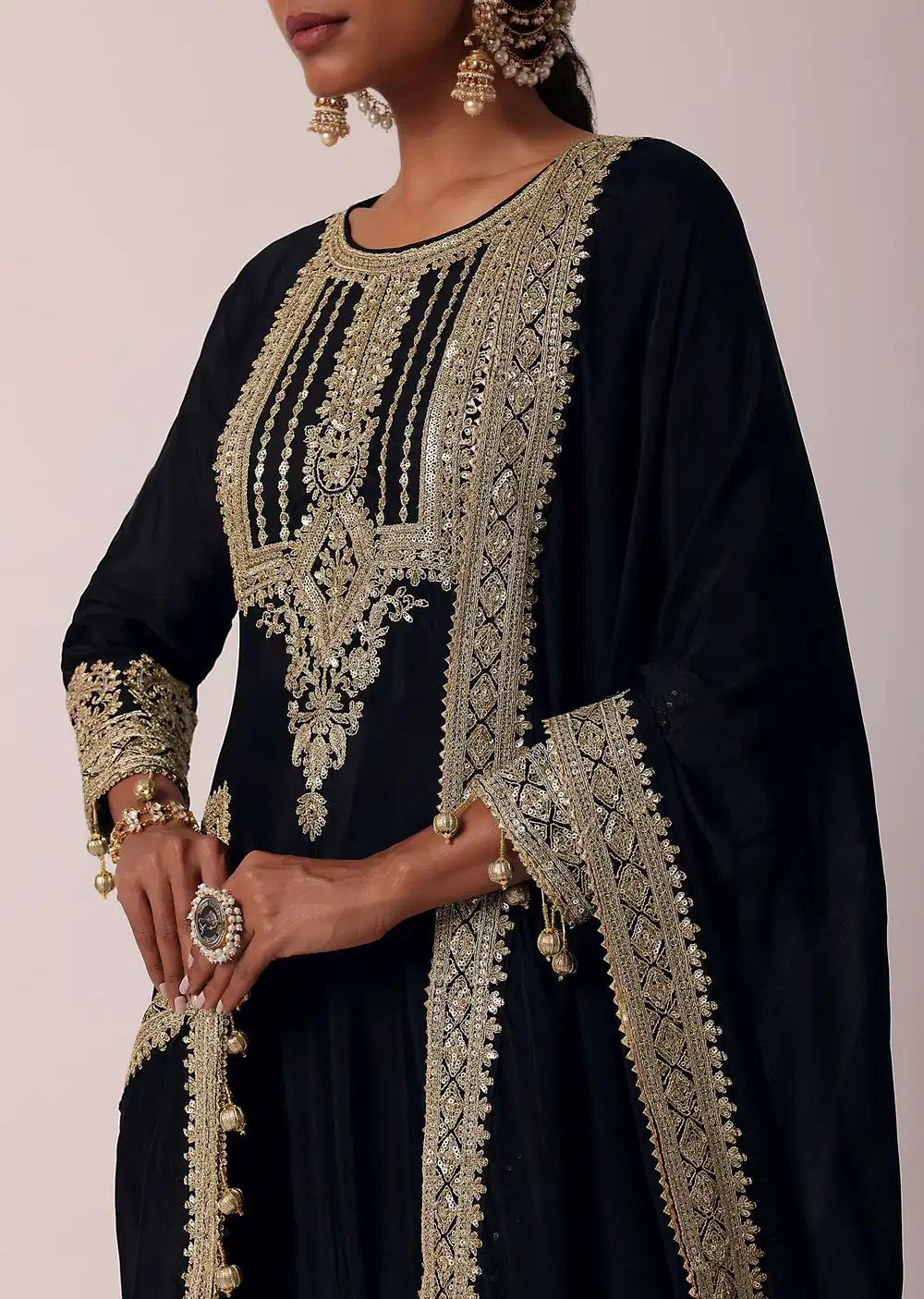 Black Pant Ensemble In Chiffon With Zardozi Work Kurta Outfit