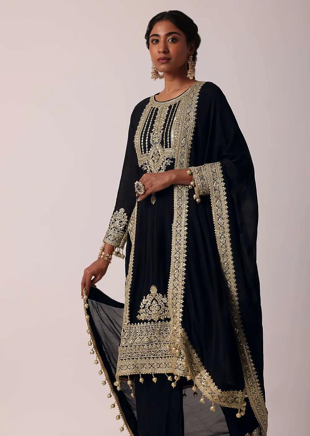 Black Pant Ensemble In Chiffon With Zardozi Work Kurta Outfit