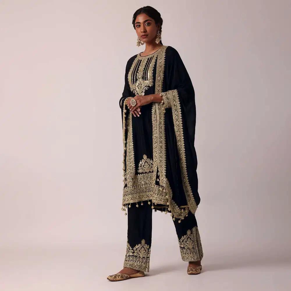 Black Pant Ensemble In Chiffon With Zardozi Work Kurta Outfit