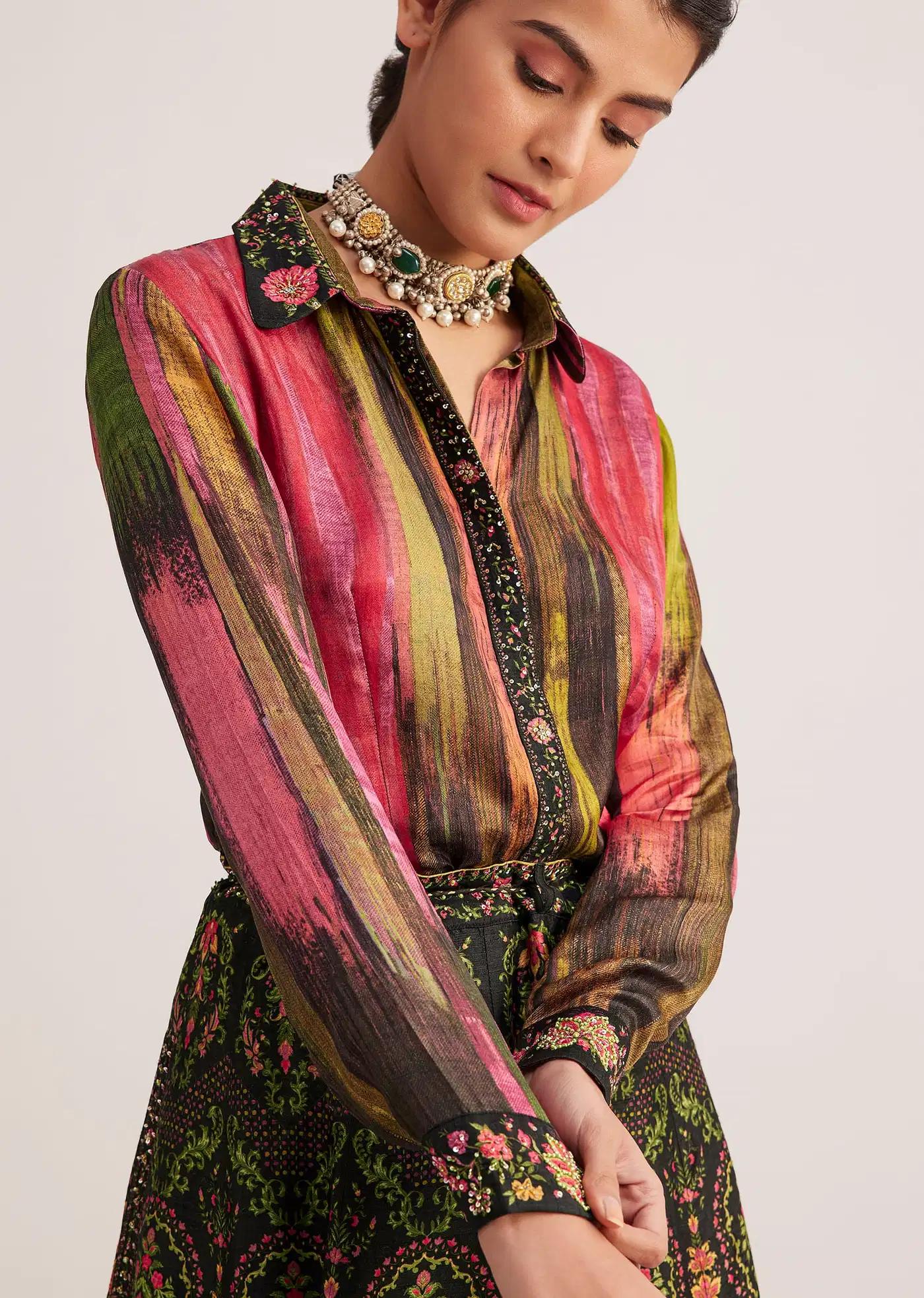 Black Pink Silk Shirt Skirt Ensemble