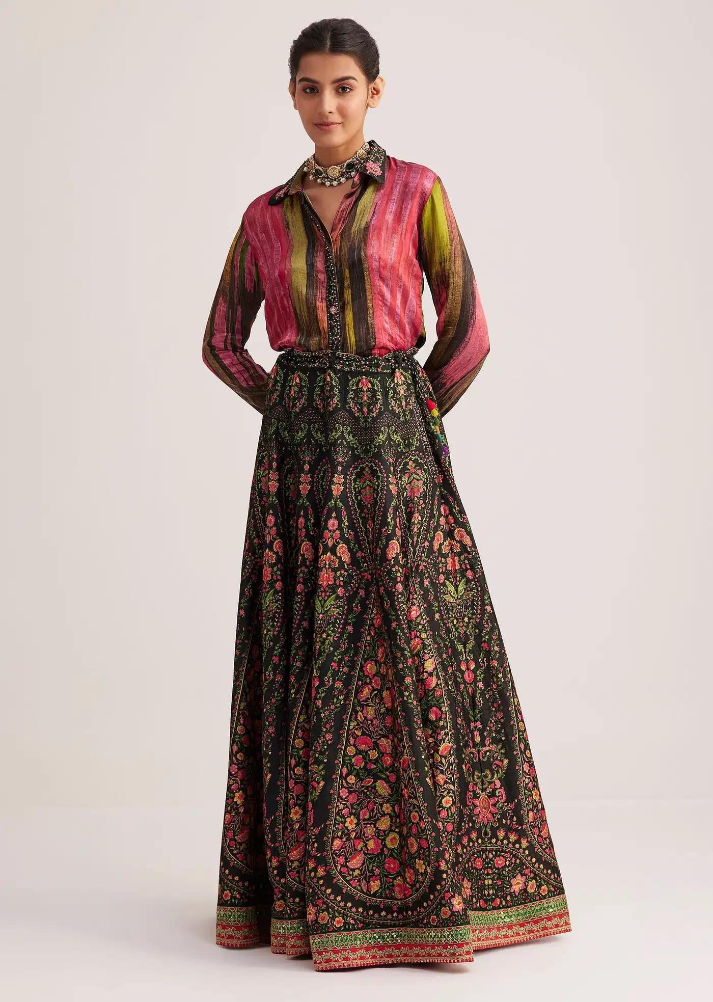 Black Pink Silk Shirt Skirt Ensemble