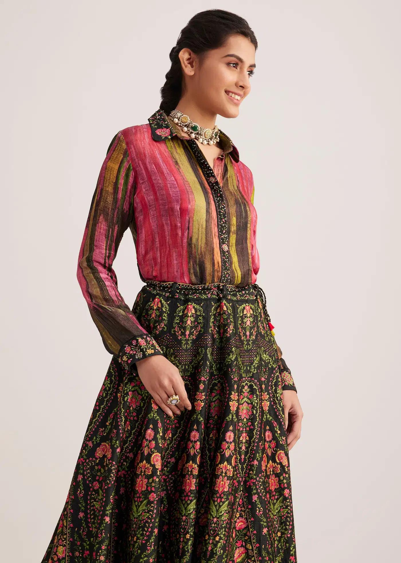 Black Pink Silk Shirt Skirt Ensemble