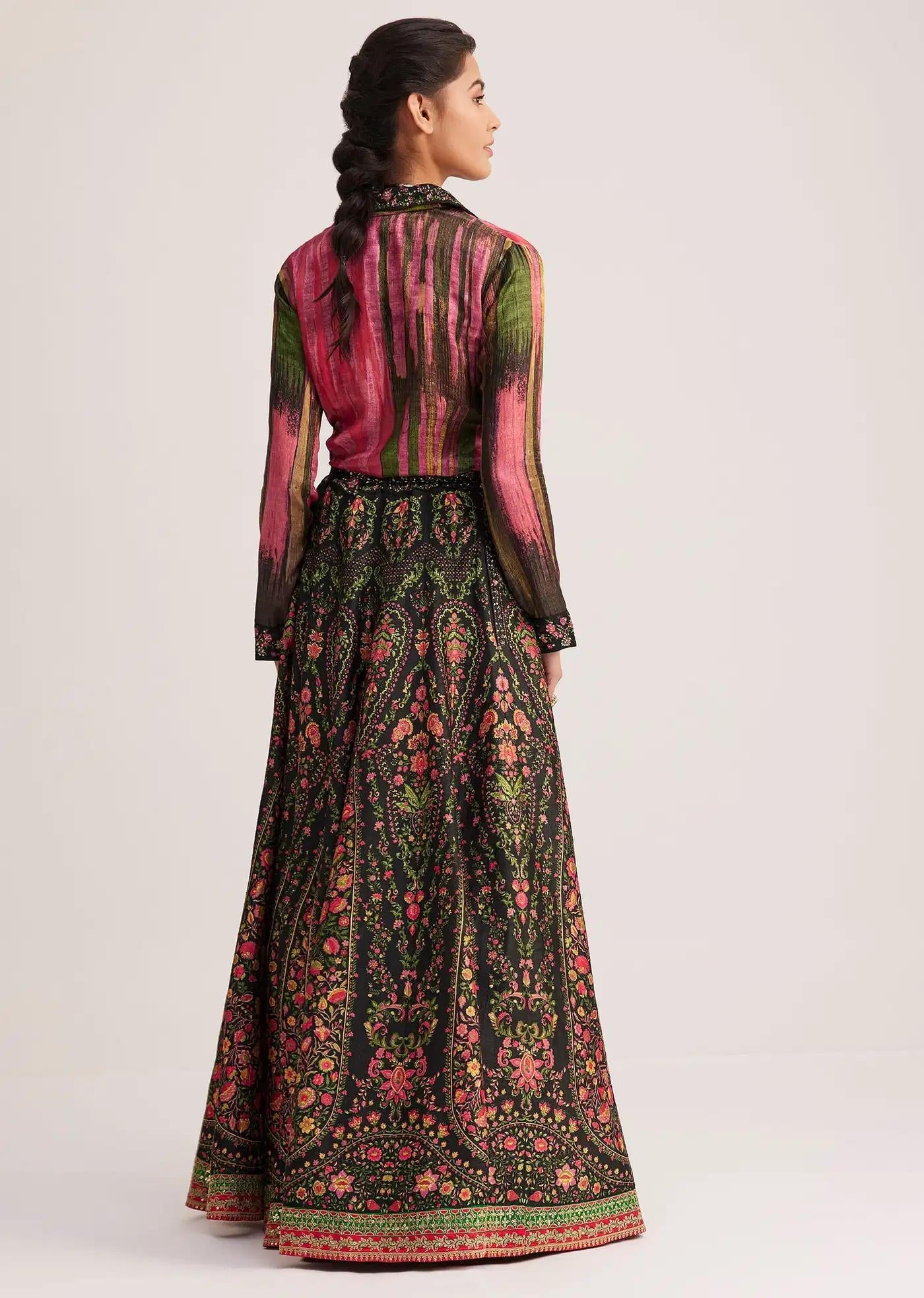 Black Pink Silk Shirt Skirt Ensemble
