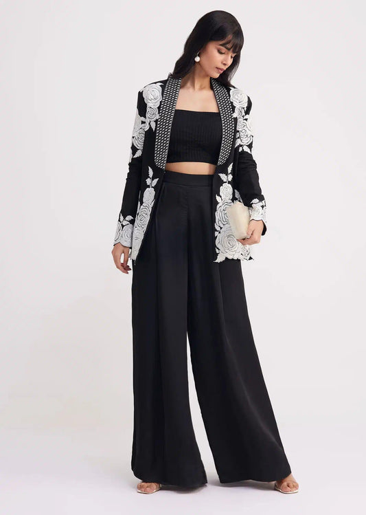Black Pintuck Crop Top Set With Formal Blazer Jacket