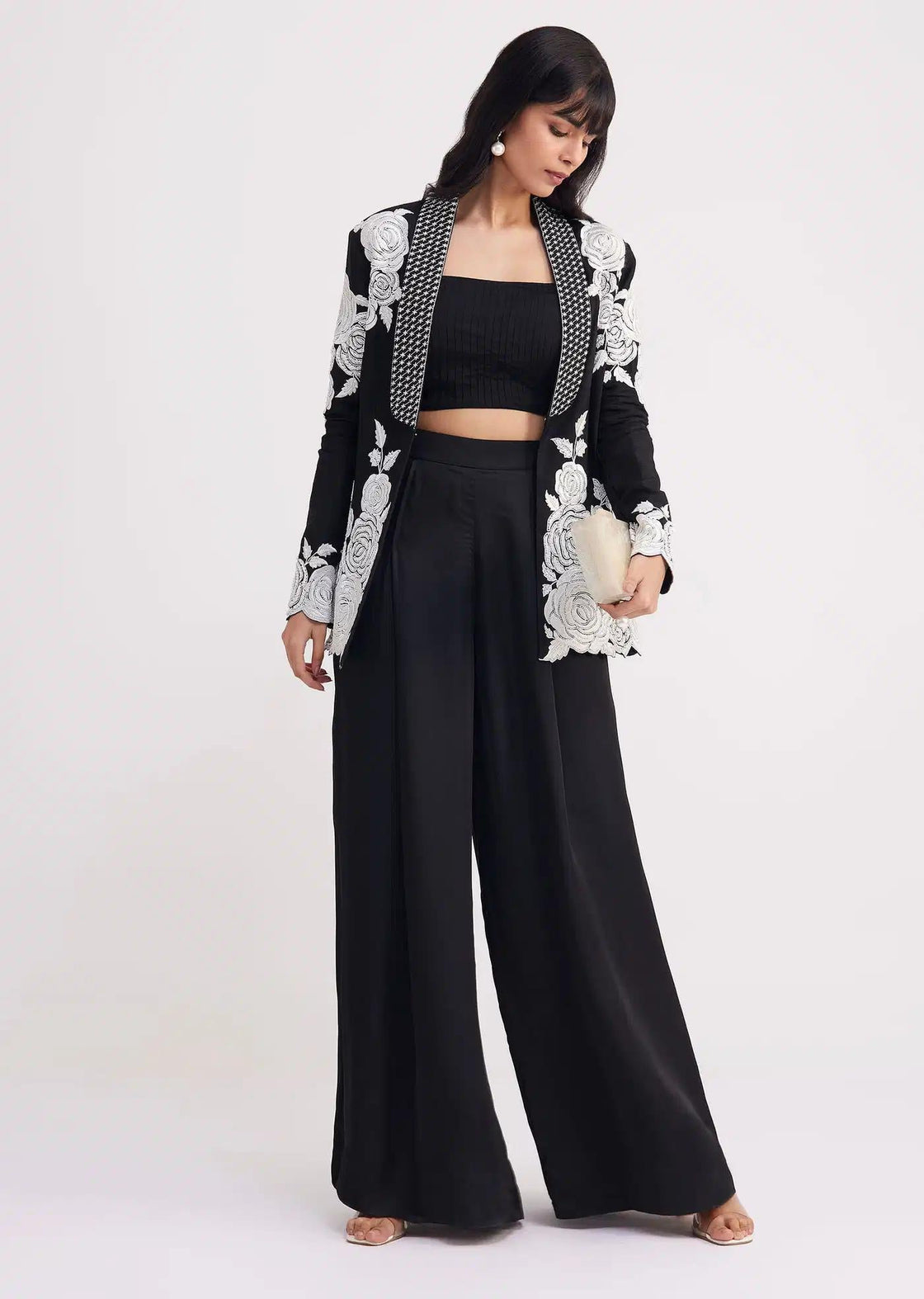 Black Pintuck Crop Top Set With Formal Blazer Jacket