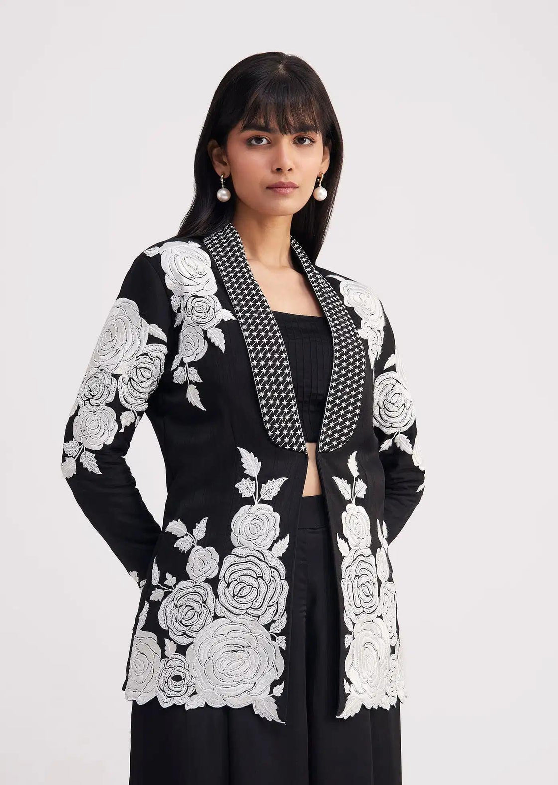 Black Pintuck Crop Top Set With Formal Blazer Jacket