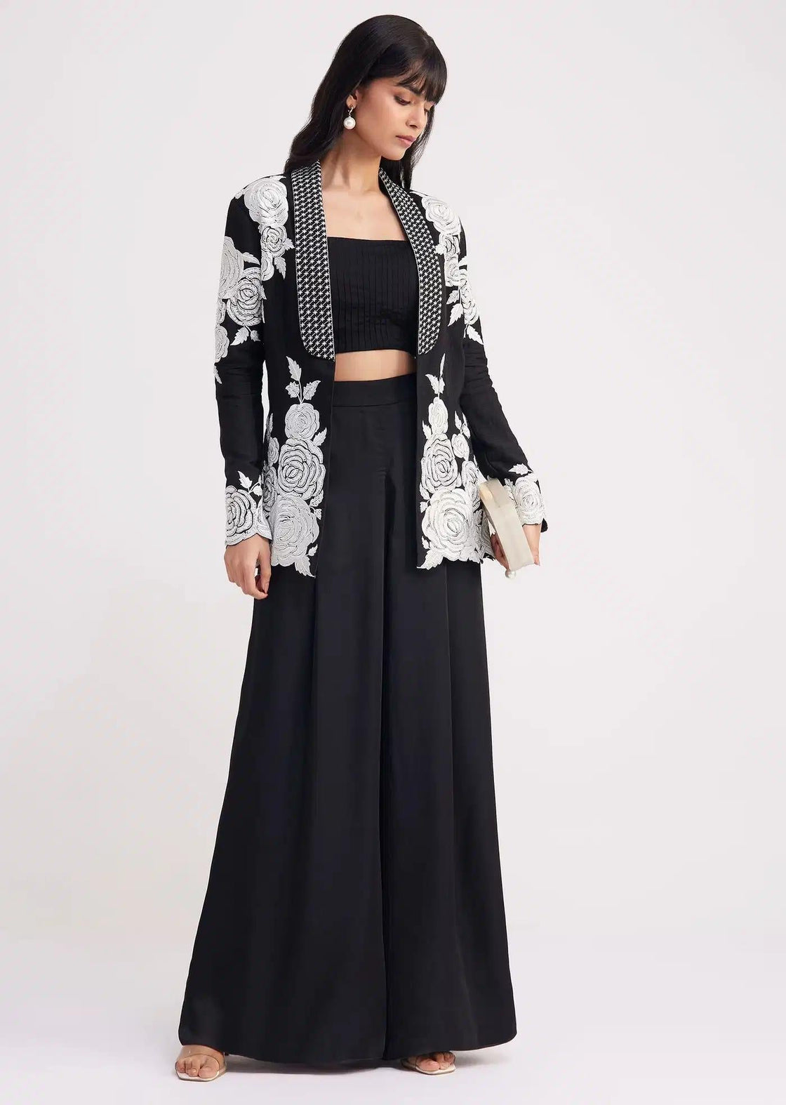 Black Pintuck Crop Top Set With Formal Blazer Jacket