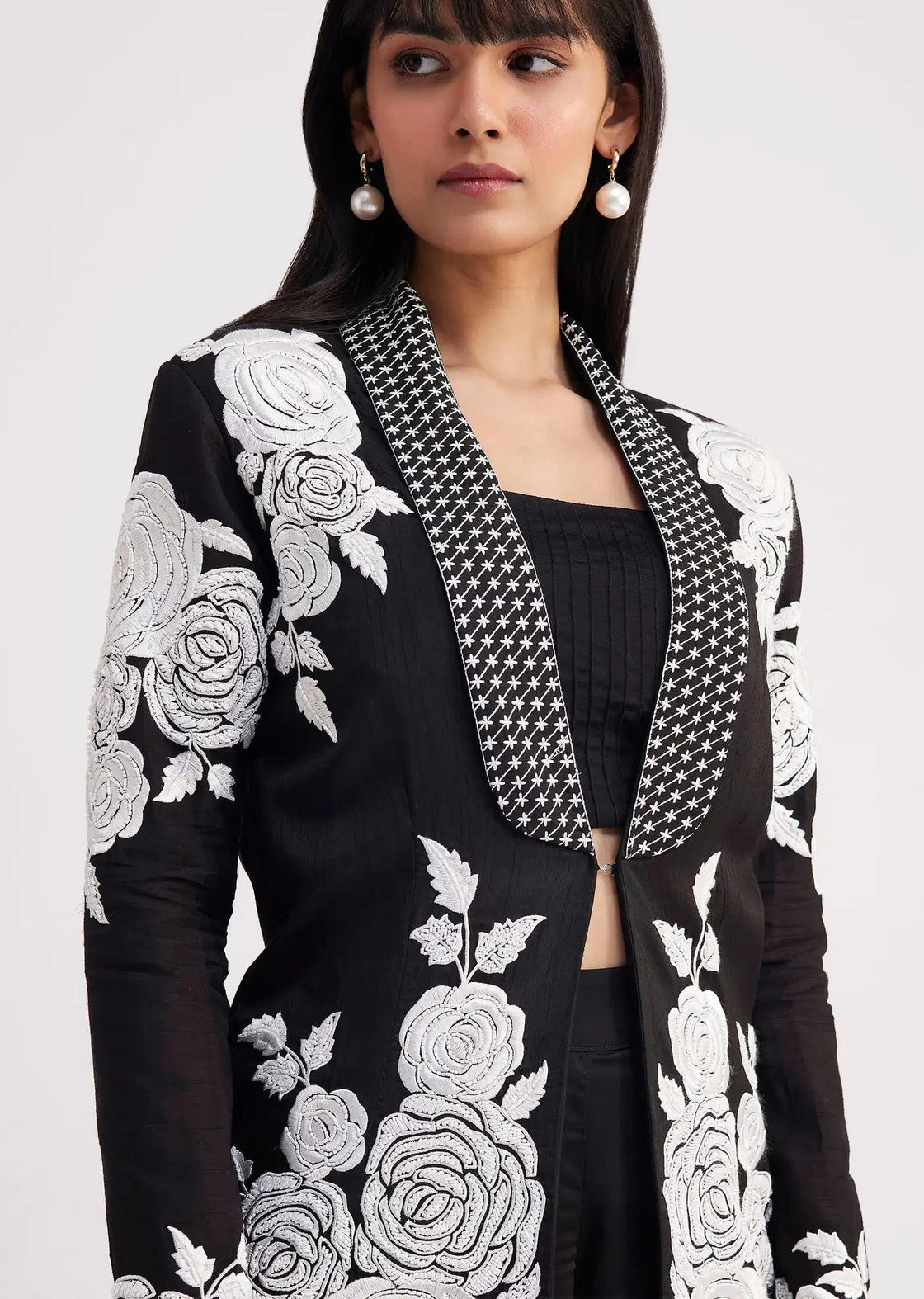Black Pintuck Crop Top Set With Formal Blazer Jacket