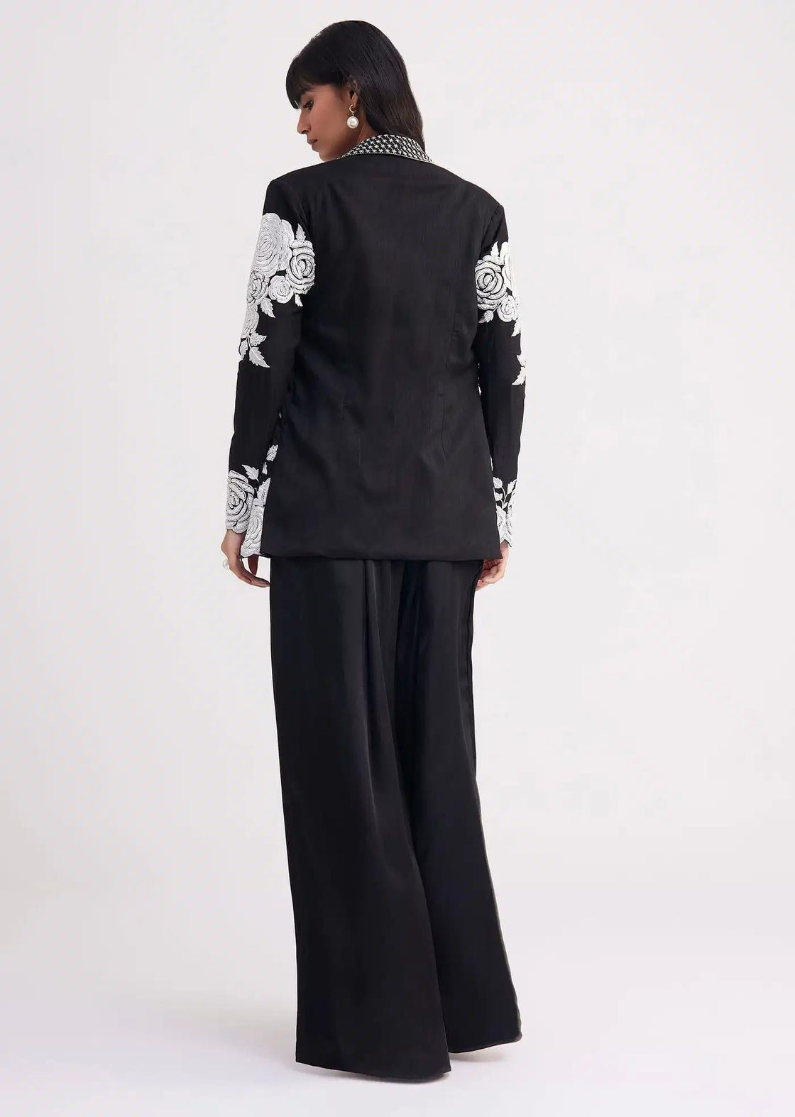Black Pintuck Crop Top Set With Formal Blazer Jacket