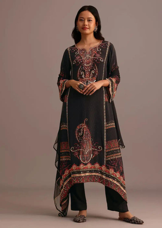 Black Printed Kurti Pant Ensemble With Chiffon Dupatta