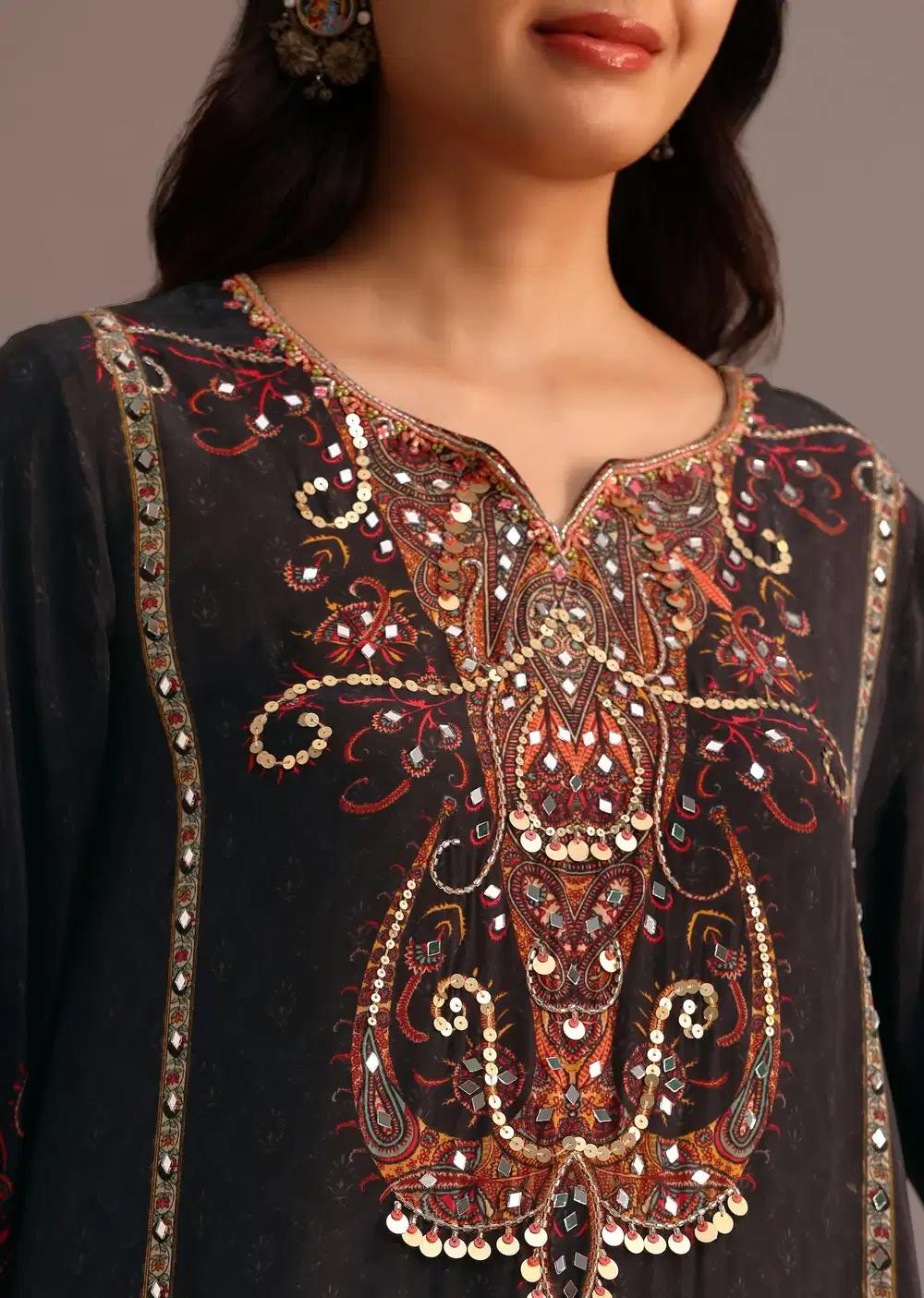 Black Printed Kurti Pant Ensemble With Chiffon Dupatta