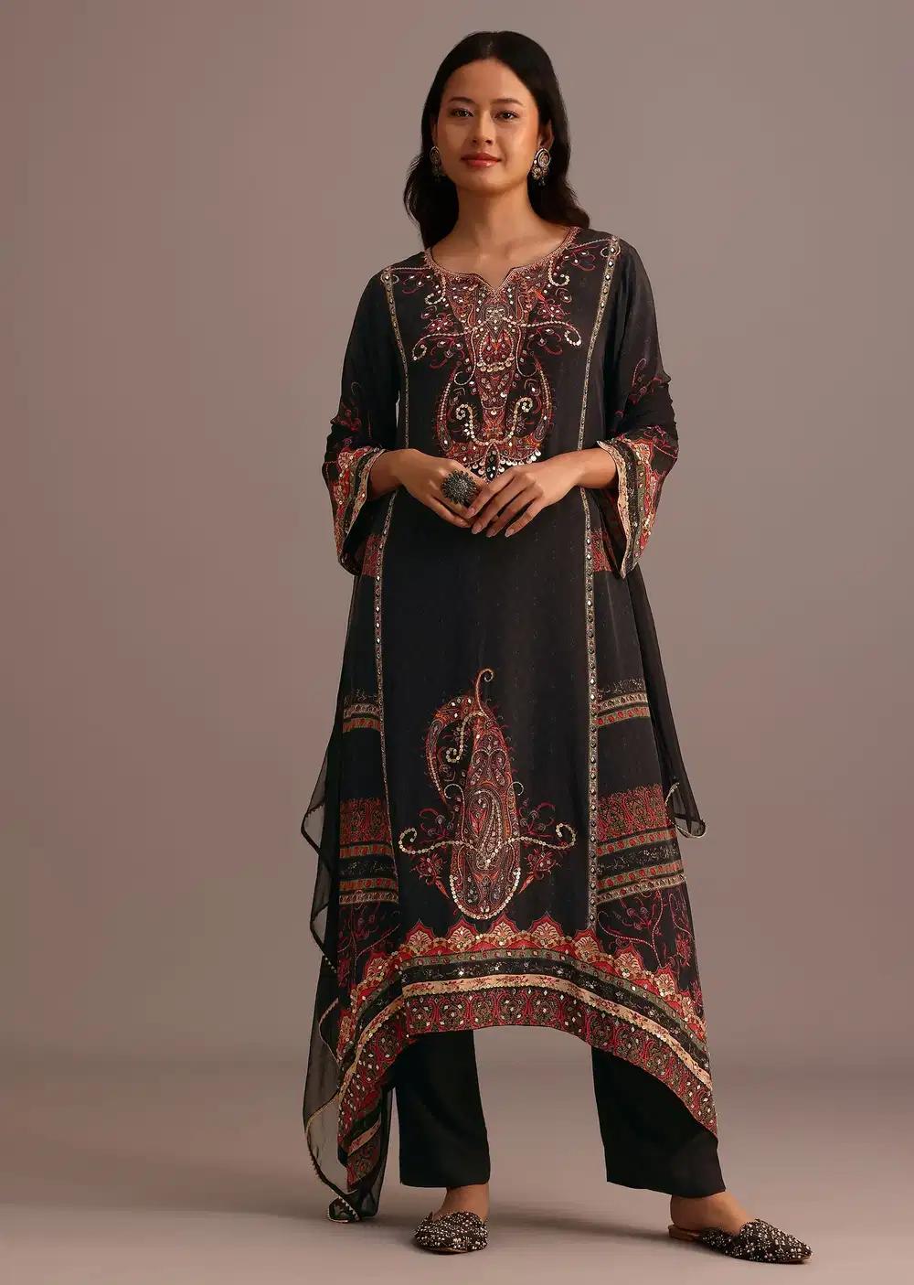 Black Printed Kurti Pant Ensemble With Chiffon Dupatta