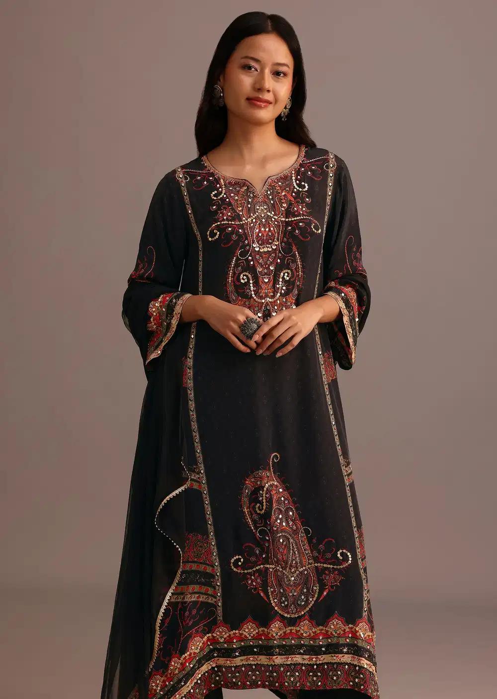 Black Printed Kurti Pant Ensemble With Chiffon Dupatta