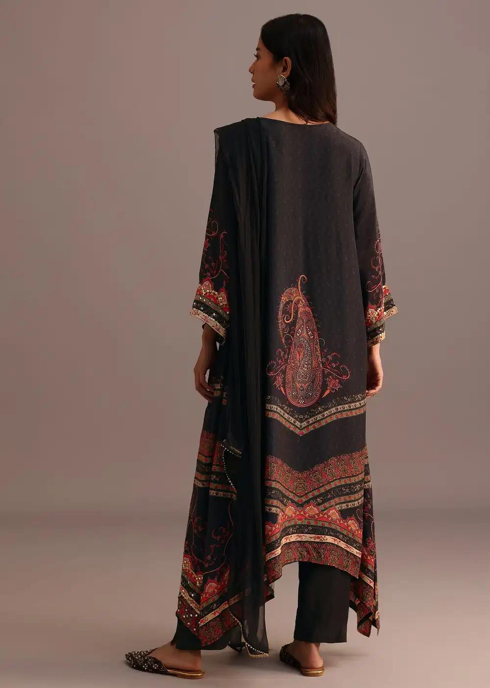Black Printed Kurti Pant Ensemble With Chiffon Dupatta