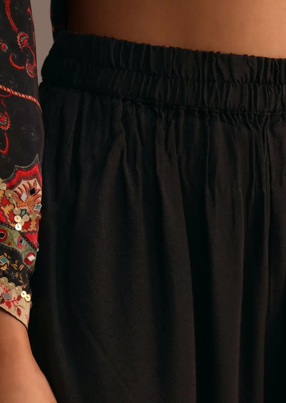 Black Printed Kurti Pant Ensemble With Chiffon Dupatta