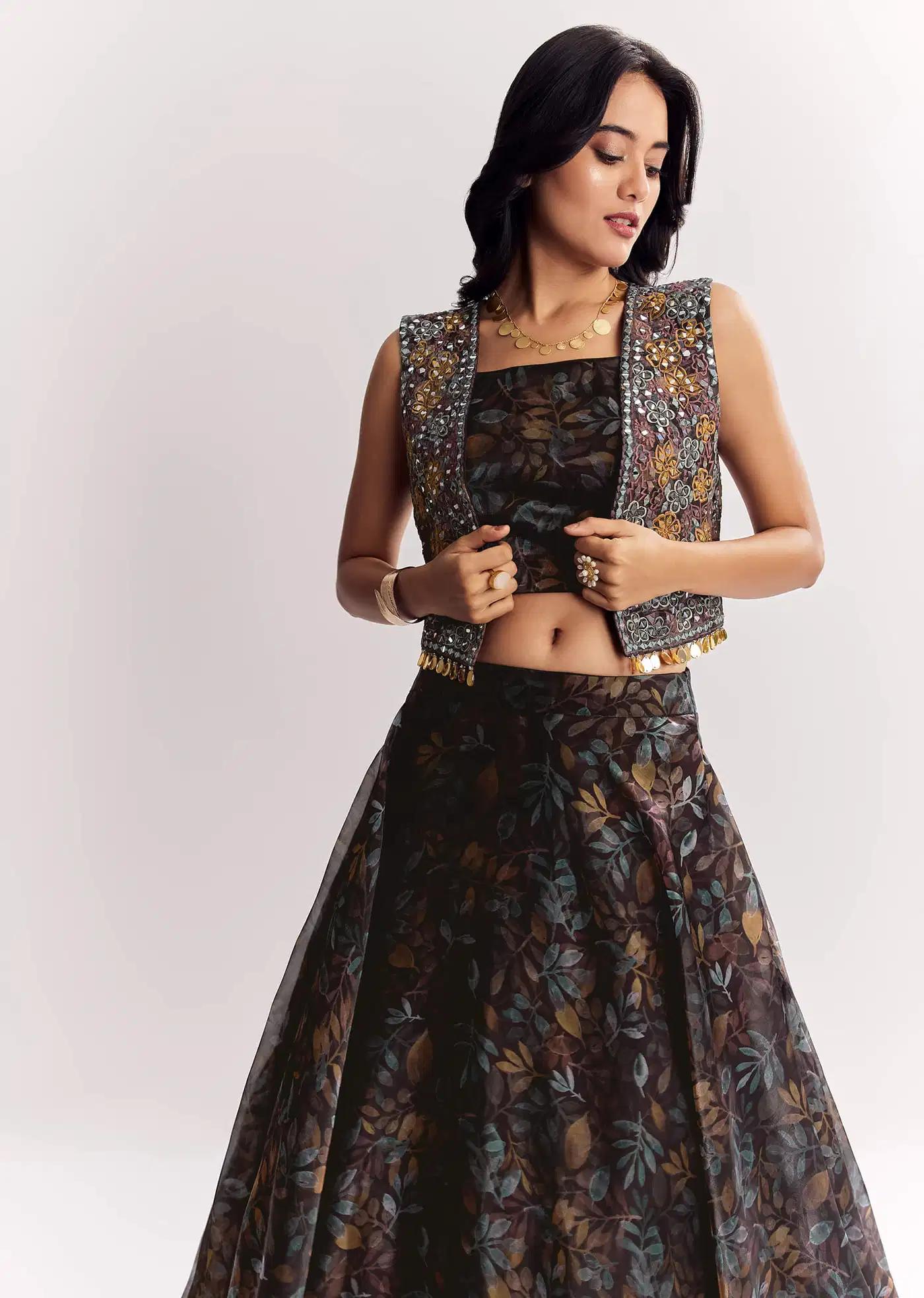 Black Printed Lehenga Skirt Blouse Featuring Mirror Work Jacket In Organza Tissue