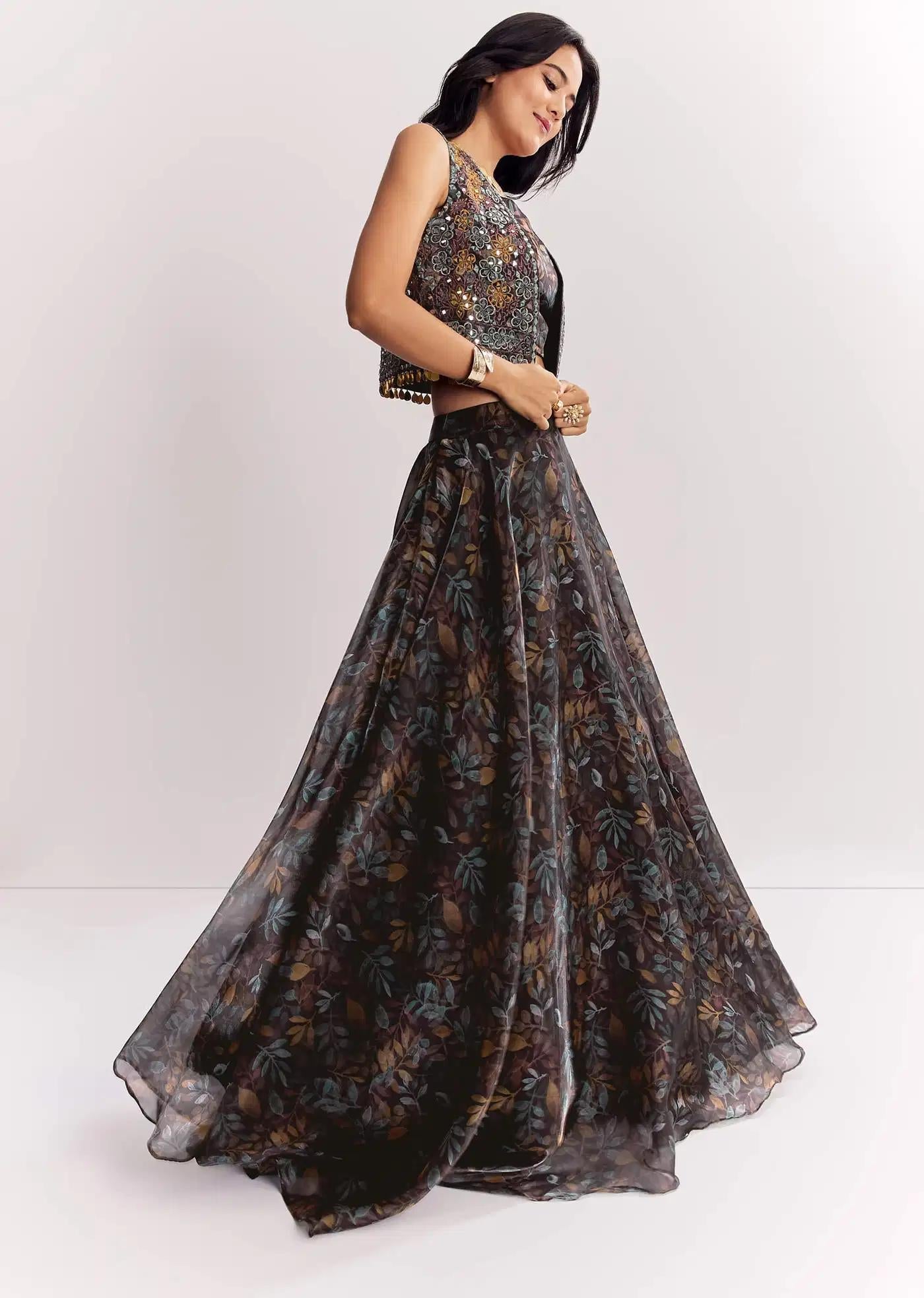 Black Printed Lehenga Skirt Blouse Featuring Mirror Work Jacket In Organza Tissue