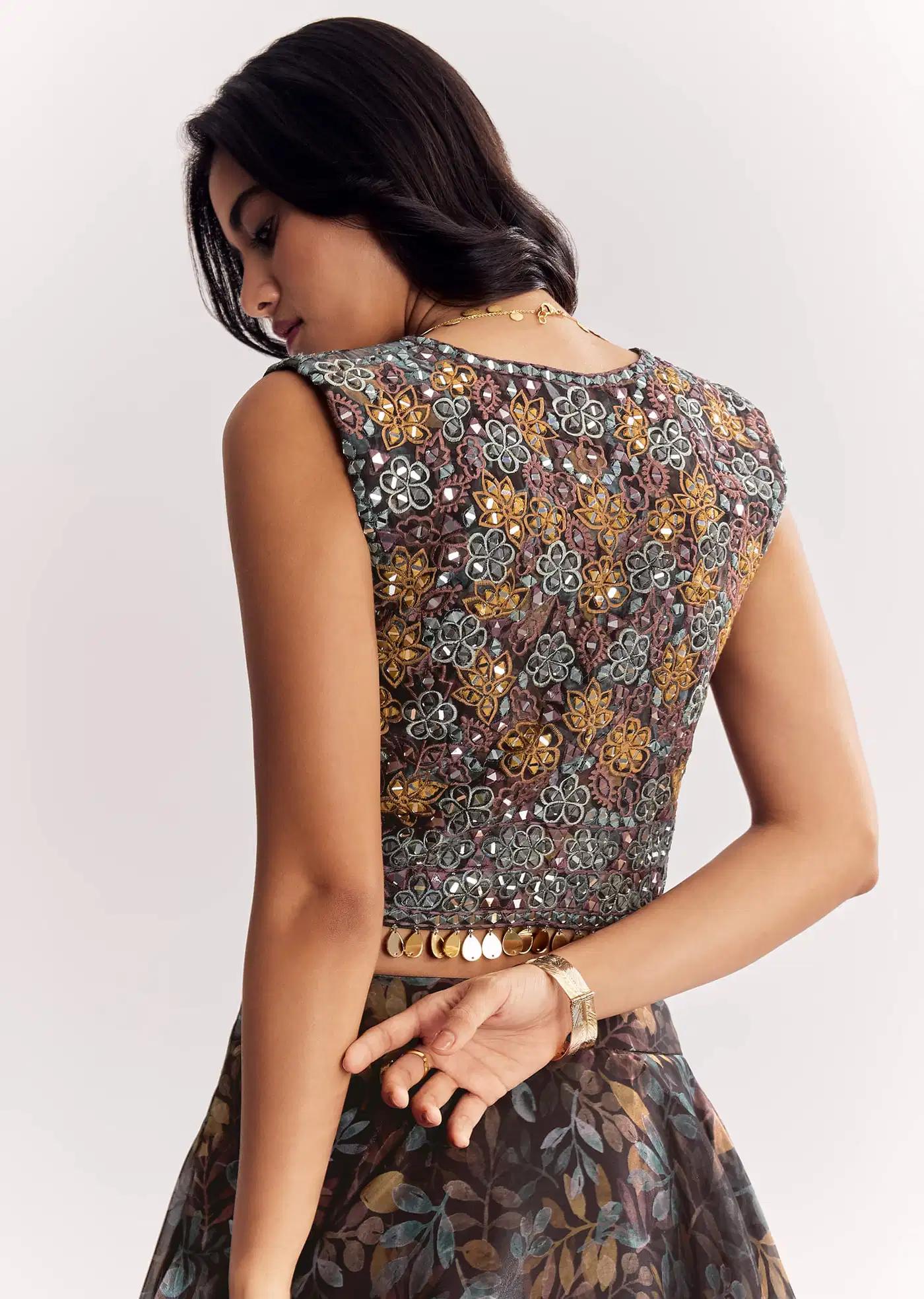 Black Printed Lehenga Skirt Blouse Featuring Mirror Work Jacket In Organza Tissue