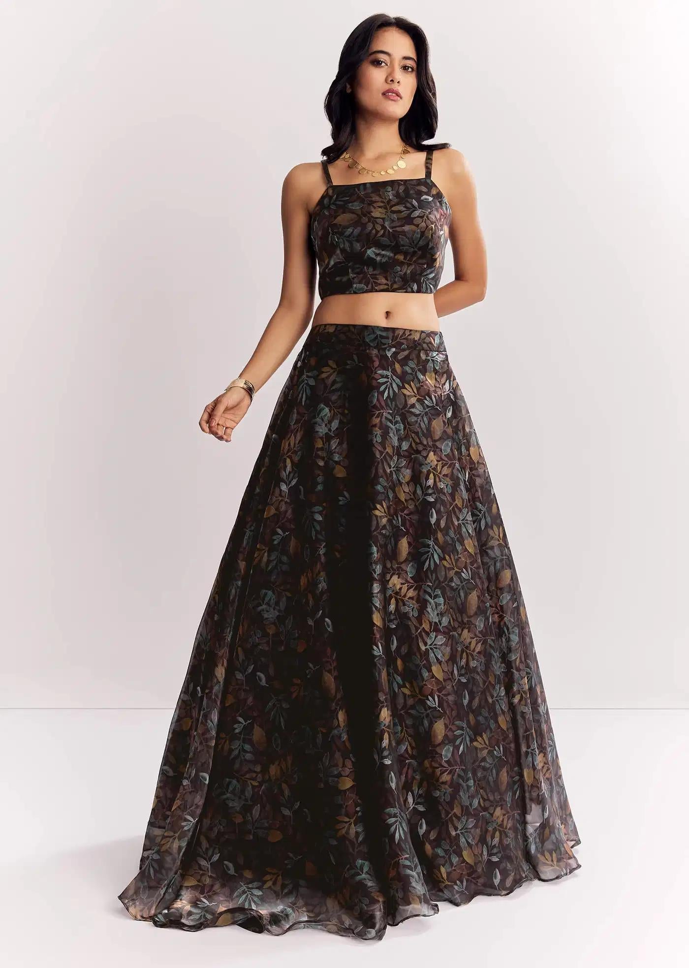Black Printed Lehenga Skirt Blouse Featuring Mirror Work Jacket In Organza Tissue