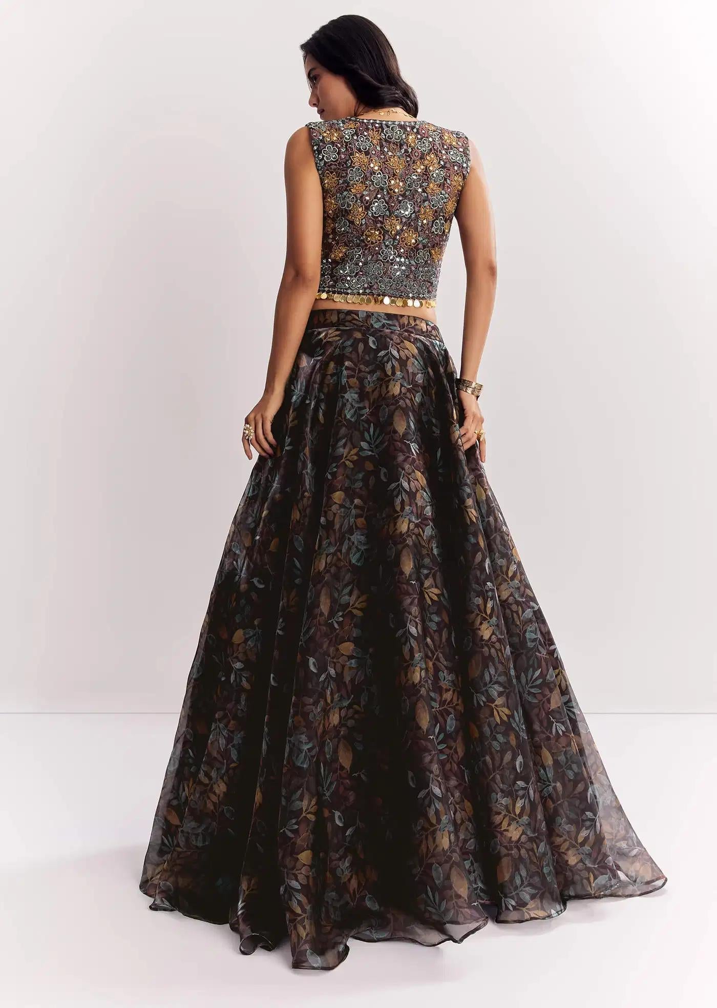 Black Printed Lehenga Skirt Blouse Featuring Mirror Work Jacket In Organza Tissue
