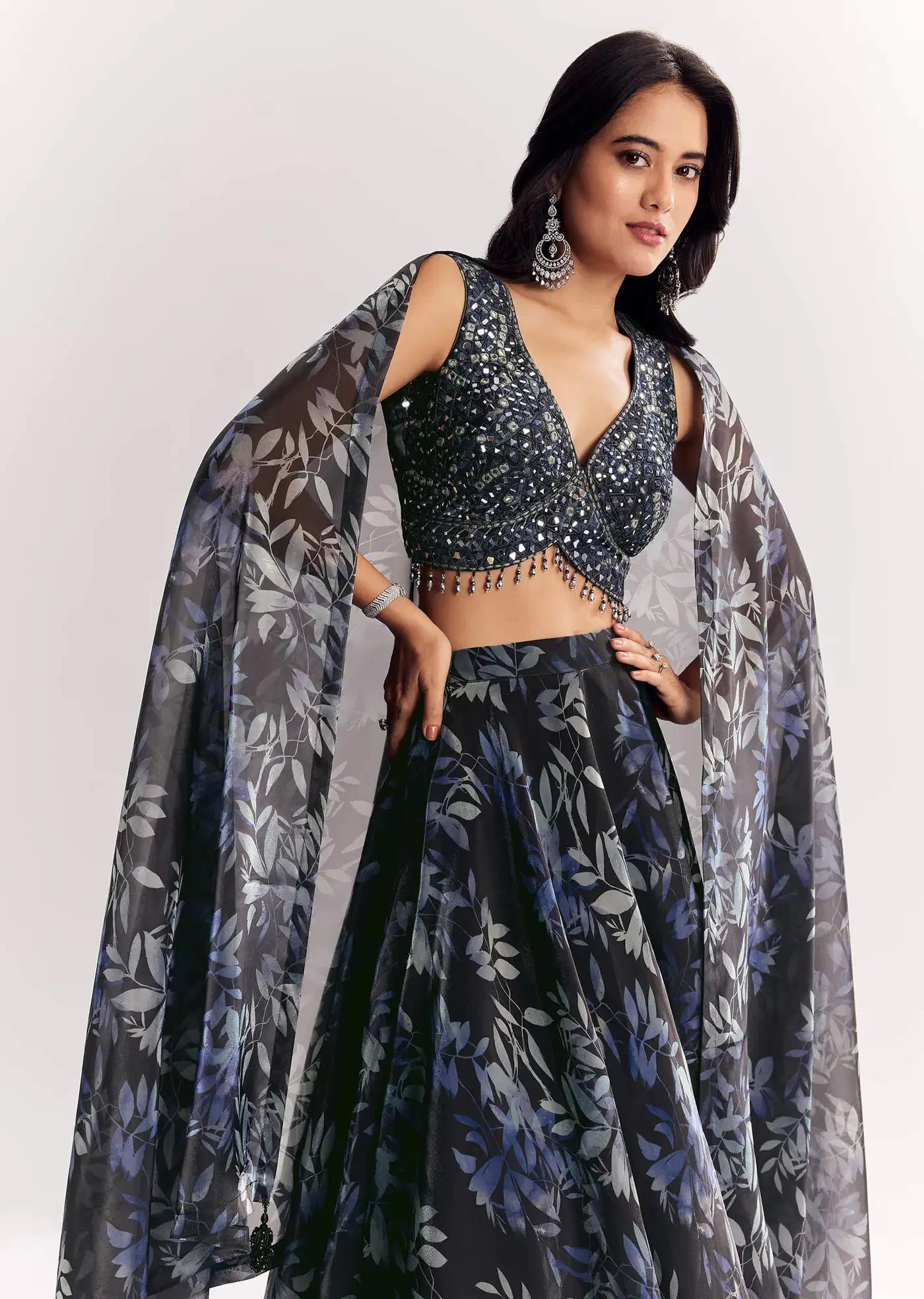 Black Printed Mirror Work Lehenga Skirt Blouse Ensemble In Organza Tissue