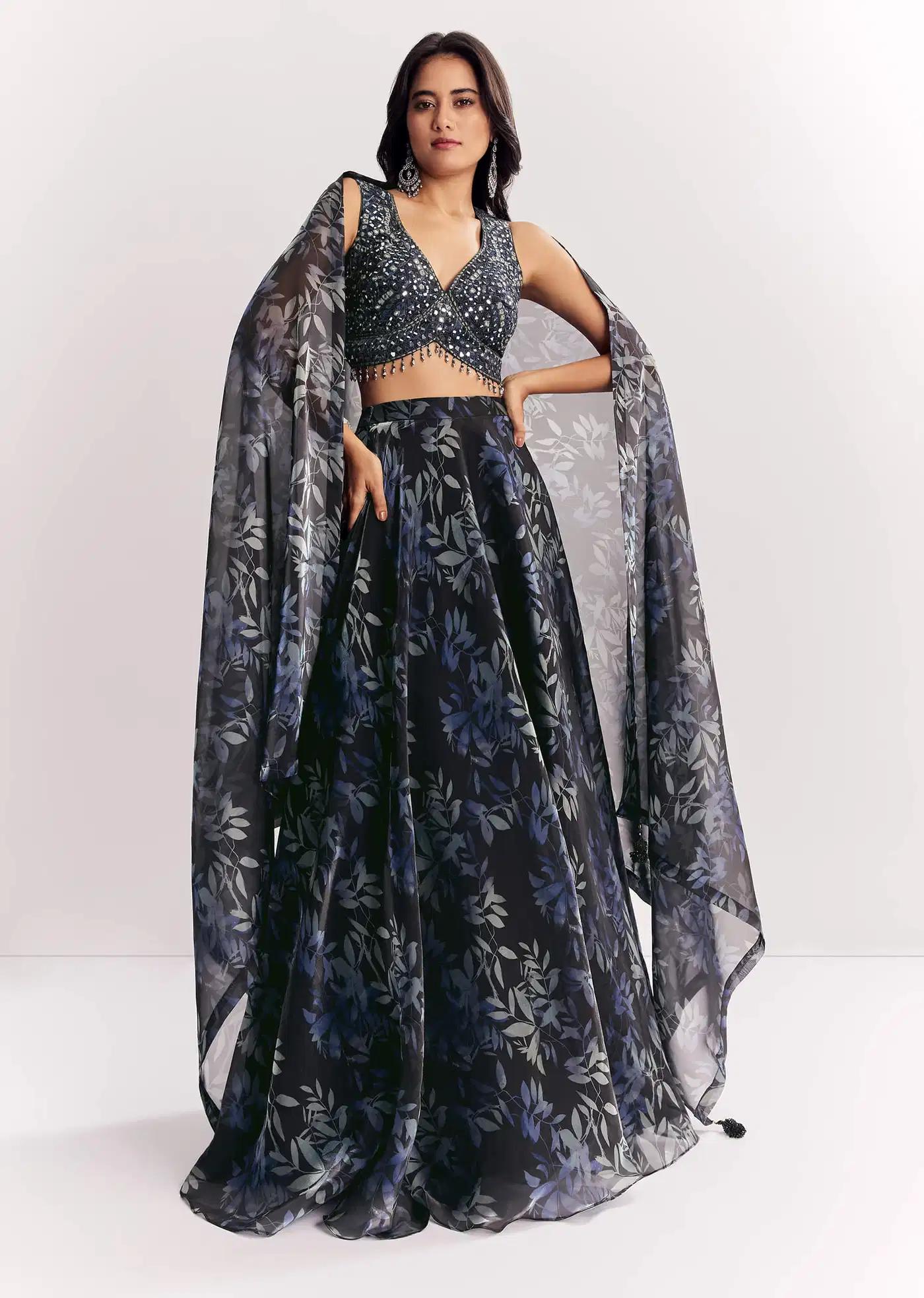 Black Printed Mirror Work Lehenga Skirt Blouse Ensemble In Organza Tissue