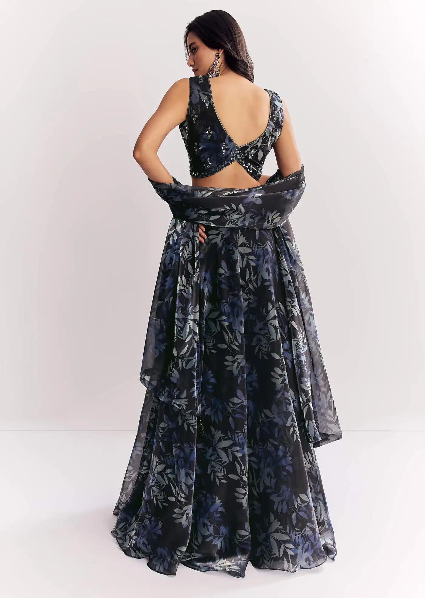 Black Printed Mirror Work Lehenga Skirt Blouse Ensemble In Organza Tissue