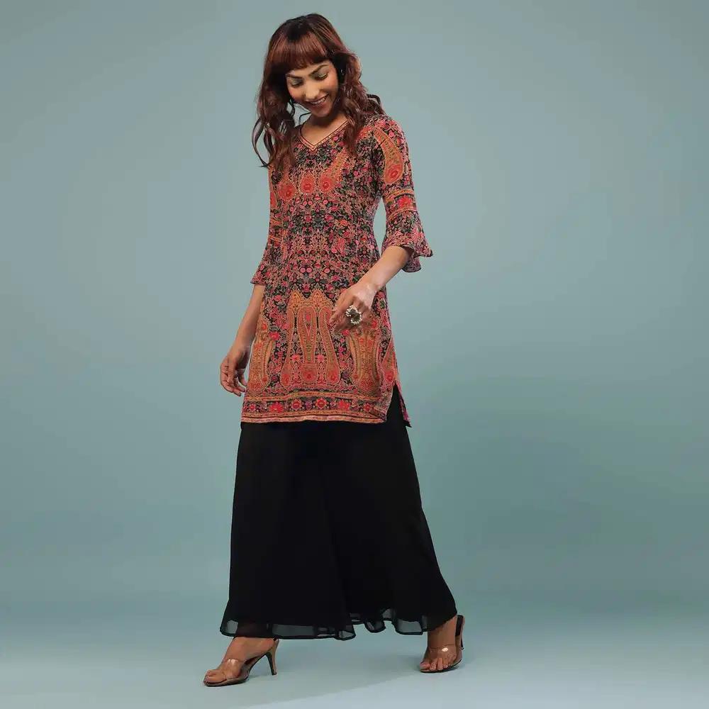 Black Printed Palazzo Suit In Georgette With Multicolored Kashmiri Print
