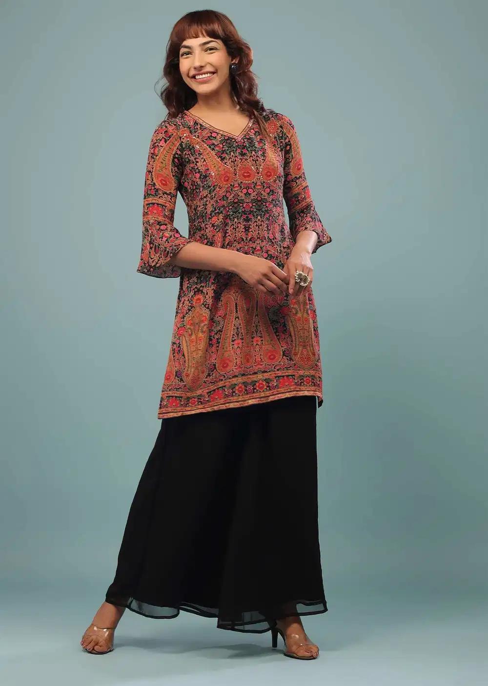 Black Printed Palazzo Suit In Georgette With Multicolored Kashmiri Print