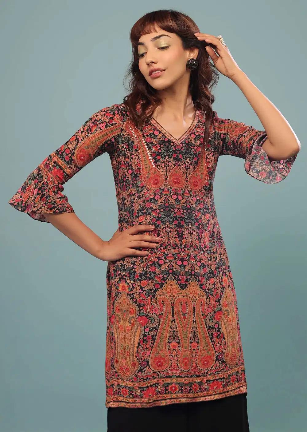 Black Printed Palazzo Suit In Georgette With Multicolored Kashmiri Print