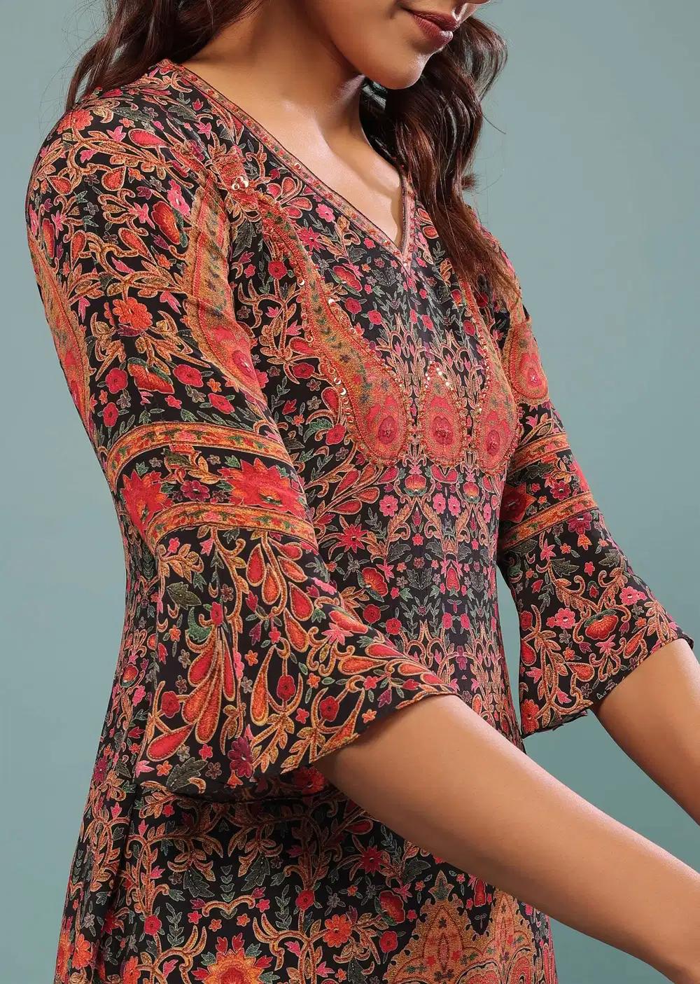 Black Printed Palazzo Suit In Georgette With Multicolored Kashmiri Print